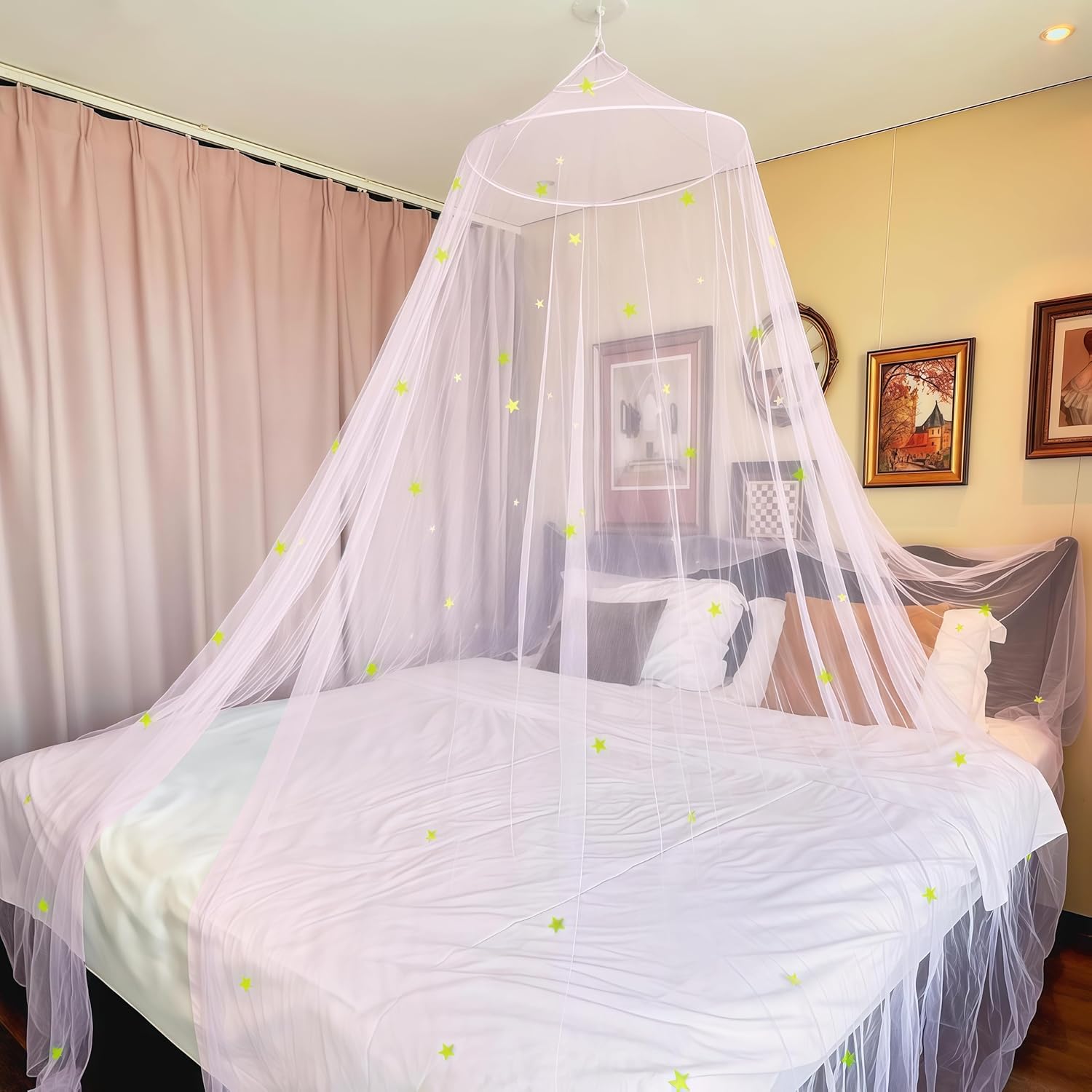 Pink Princess Bed Canopy for Girls with Glowing Stars, Canopy Bed Curtains for Twin, Full, and Queen Sizes; Ceiling Tent for Reading Nooks, Mosquito Net for Indoor Room Decor and Outdoor Use - Image 3