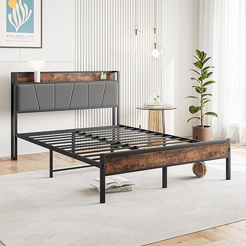 Miniatura 6 de BOFENG Base de cama de tamaño matrimonial con cabecera de almacenamientoestación de carga, base de cama tapizada de metal resistente, tamaño