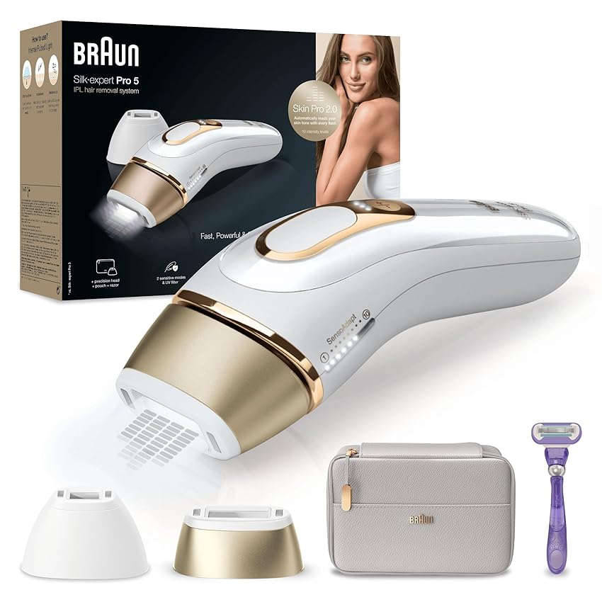 Immagine del prodotto Braun Silk Expert Pro 5 Epilatore Luce Pulsata Alternativa al Laser, Ideale per Zone Sensibili, Viso, Bikini e Ascelle, 2 Accessori, Rasoio, Custodia Viaggio, Idea Regalo PL5157 Bianco e Oro