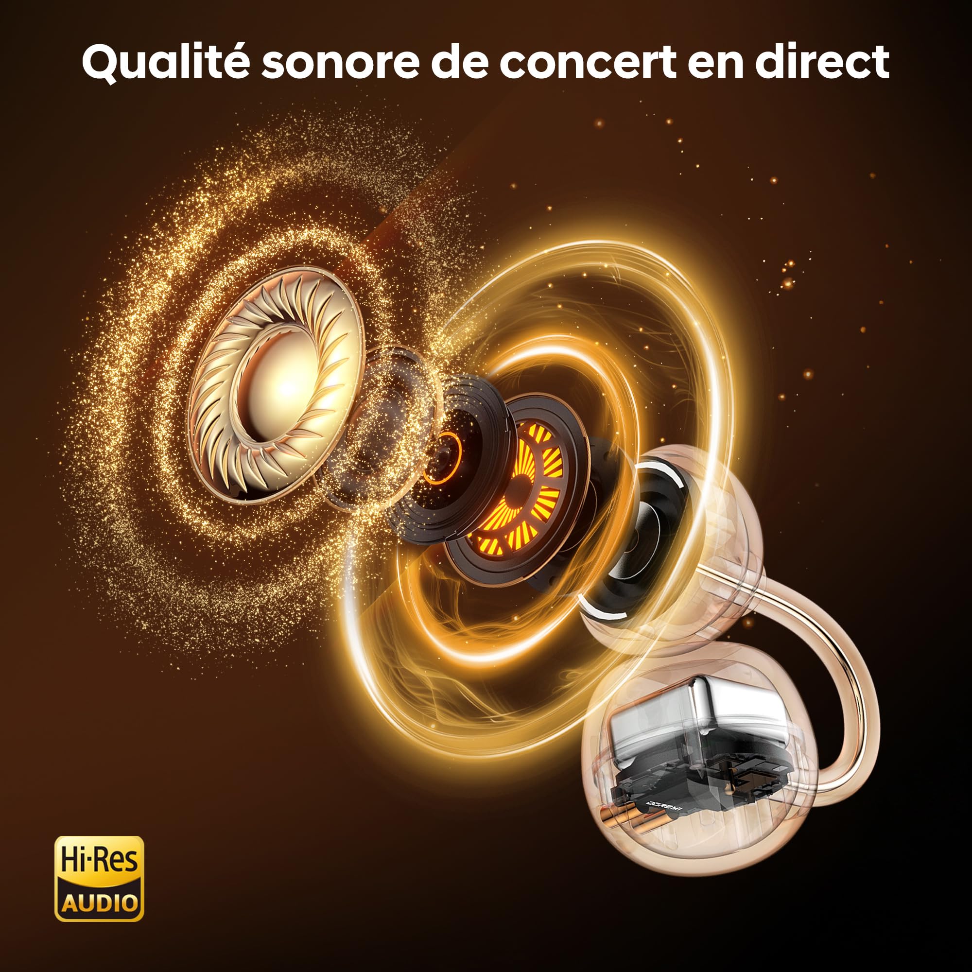 Écouteurs Ouverts et Casque Bluetooth sans Fil avec 36 Heures d'Autonomie, Graves Puissants, Ultra-Compact et IPX5, pour Le Travail, Le Sport et Le Sommeil, Mode d'Utilisation Jour/Nuit(Or Classique)