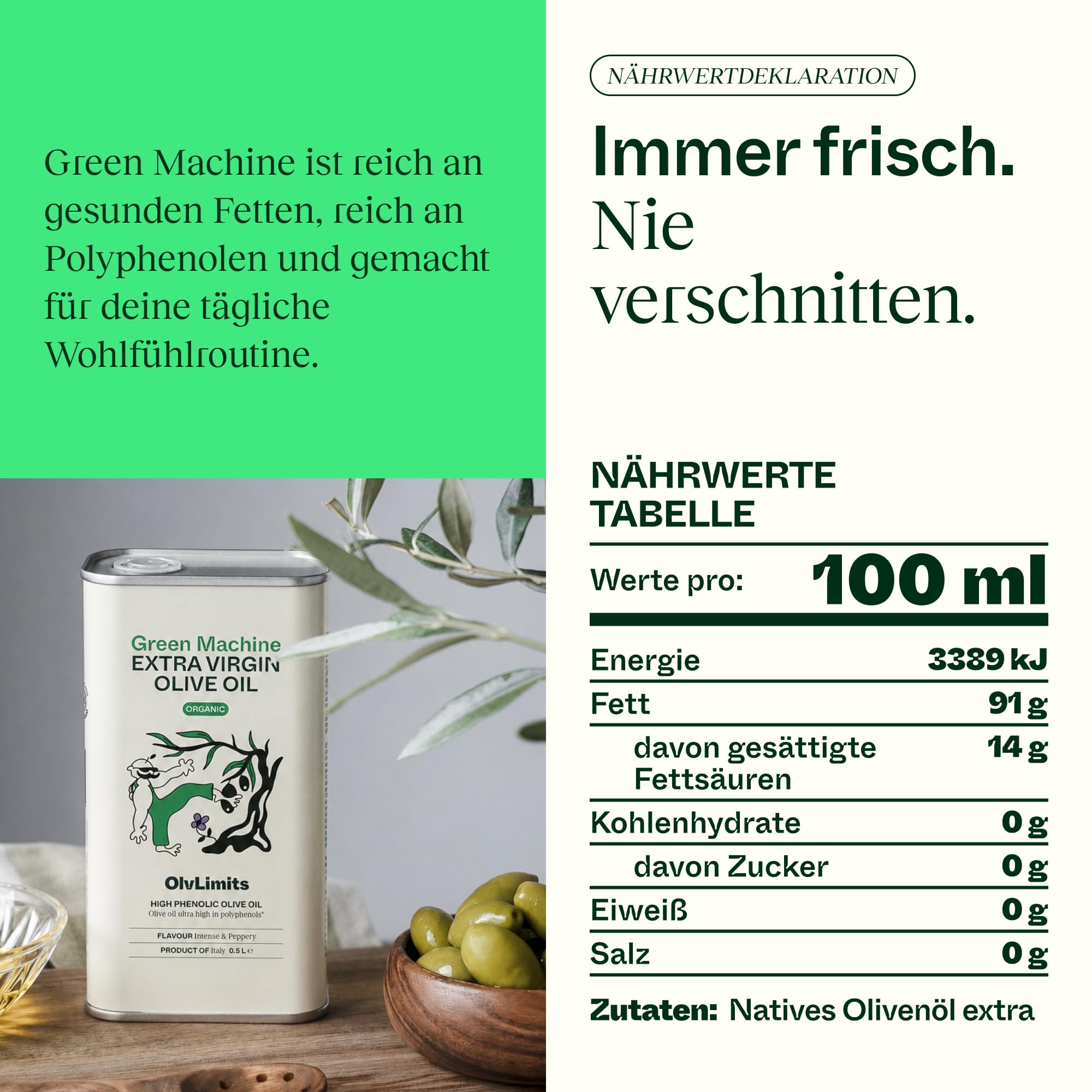 Olv Limits – Green Machine Hochphenolisches Olivenöl, 500 ml | Olivenöl für Gesundheit & Langlebigkeit–1160 mg/kg Polyphenole–Laborgeprüft&Verifiziert–Italienisches Natives Olivenöl Extra