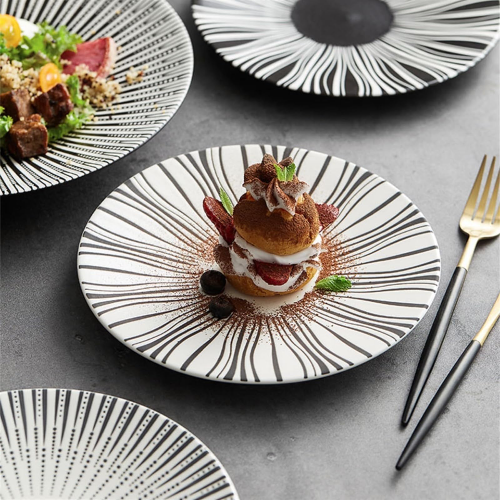 Forniture Per Feste Piatto da pranzo in ceramica Cibo occidentale Piatto da pranzo cinese Cucina domestica Piatto da ristorante Piatto piatto a righe tonde Vassoio di frutta da dessert Piatti Della Fe
