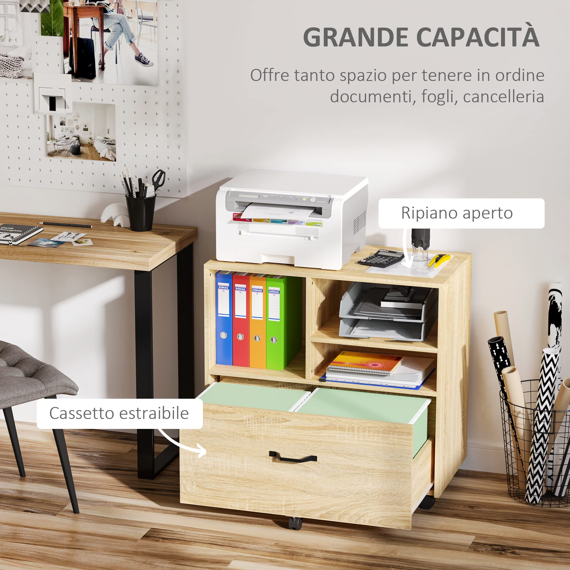 Vinsetto Mobile Multiuso per Ufficio in Legno, Cassettiera con Ruote Porta Stampante con 5 Ruote, Cassetto e Ripiano Regolabile, 77x40x73cm, Legno