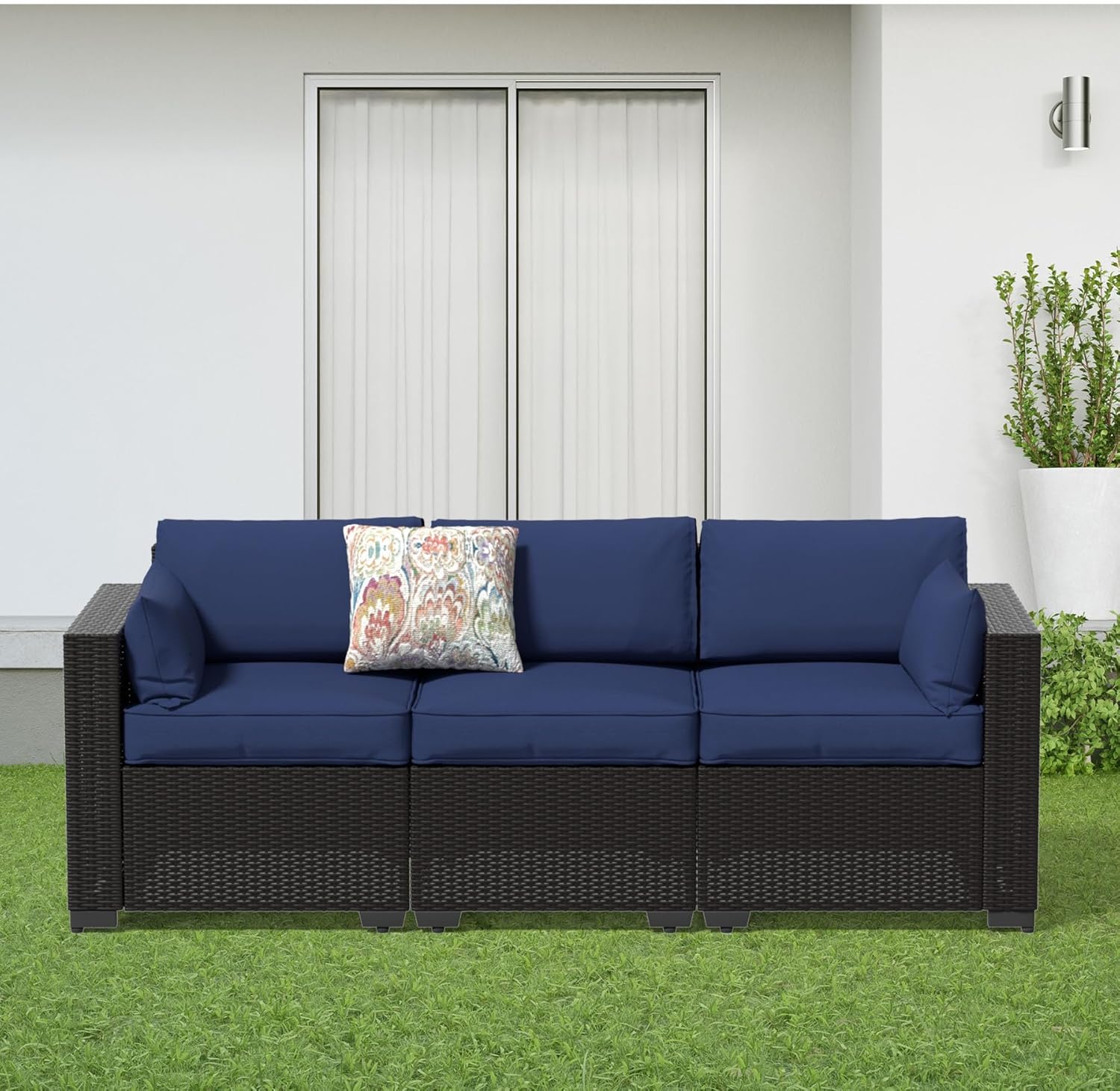 3-Seat Wicker Sofa Patio PE Wicker Couch Furniture,3pcs Patio Sofa Set Outdoor Rattan Couch Steel Frame with Cover and Deep Seat High Back Patio Furniture Sets (Dark Blue + Black Rattan, 3pcs)