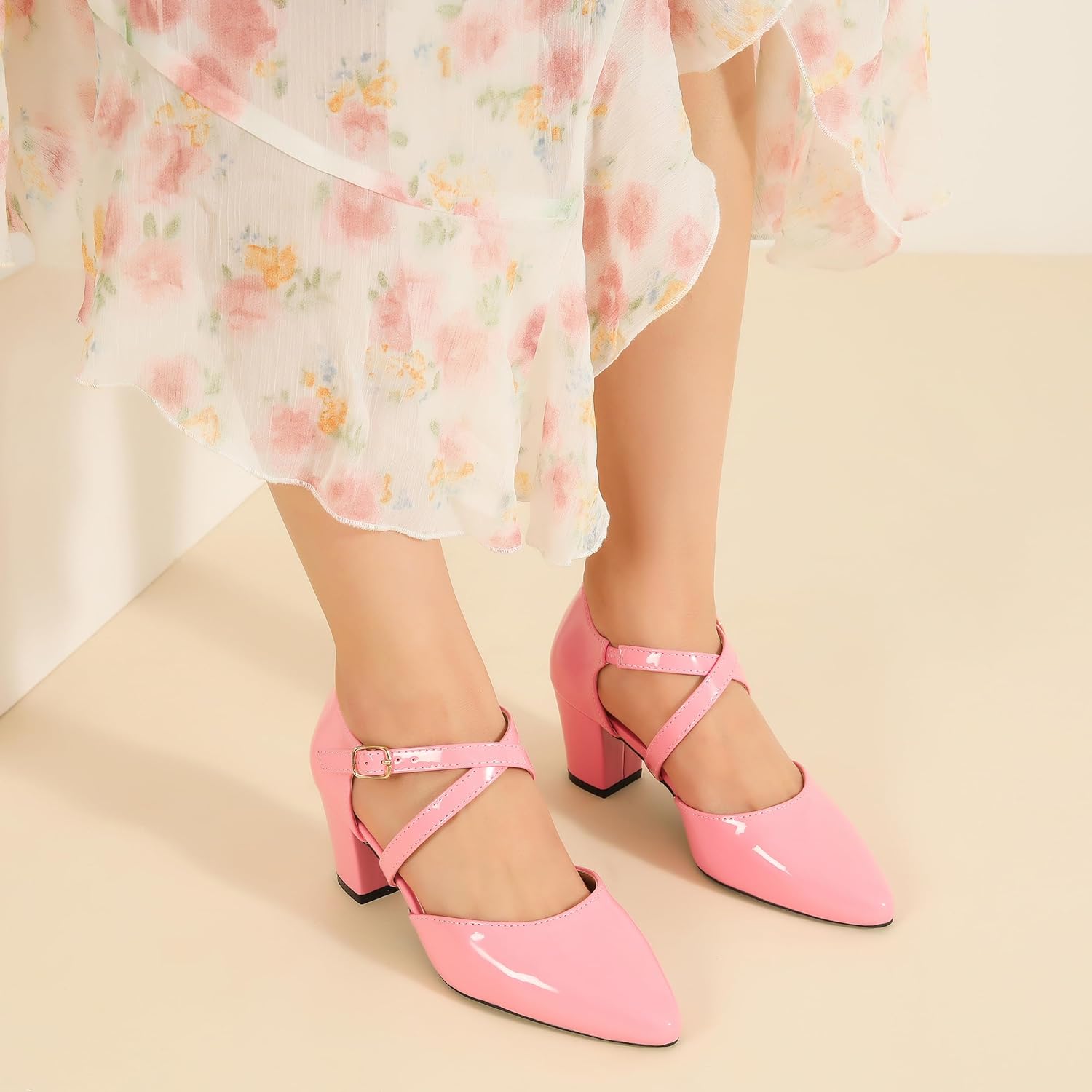 Women's Pointed Toe Pumps, Cross-Strap, Block Heel Dress Shoes