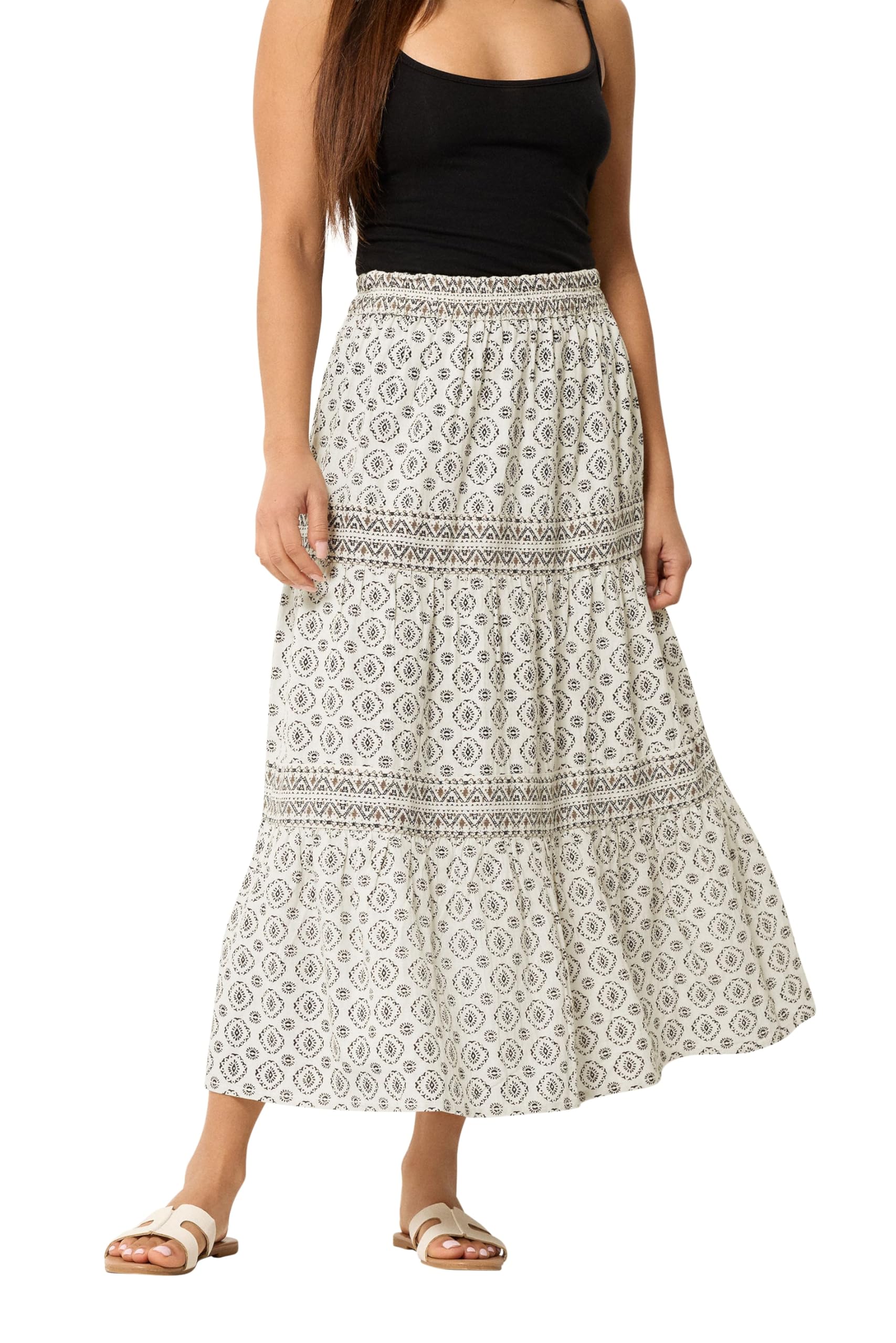 M&Co Women's Off White Petite Aztec Tiered Maxi Skirt In | : Size 14
