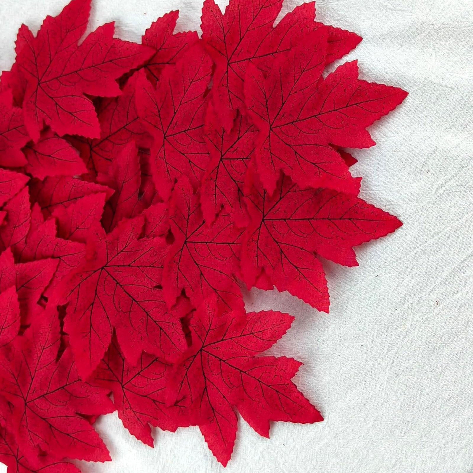 Ecuupas100Pcs Bright Yellow Artificial Fall Maple Leaves Autumn Fake Maple Leaves Lifelike Artificial Thanksgiving Day Autumn Leaf Decorations Wedding Parties Props Party Table Decor Crafts (Red)