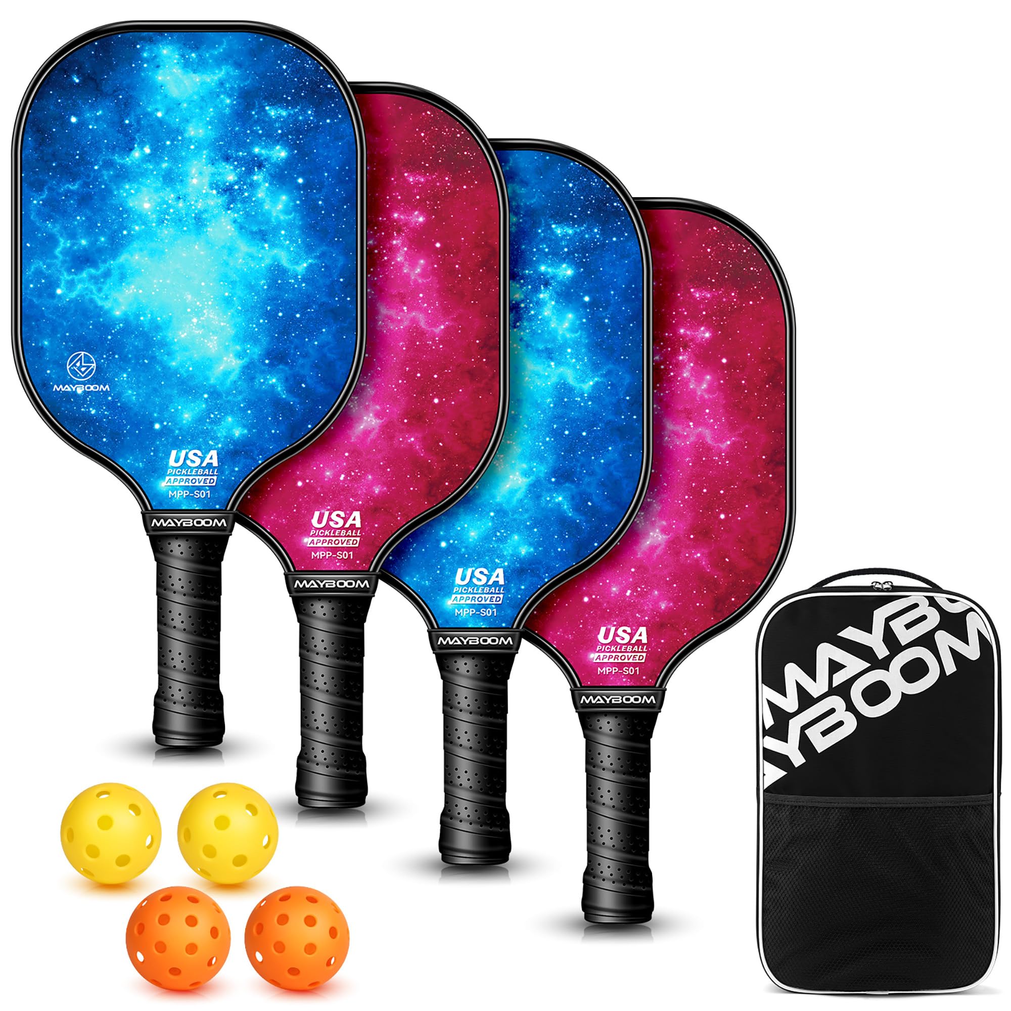 Mayboom Pickleball Paddles Set of 2 or 4, USAPA Approved Pickleball Set with 4 Pickleball Balls and Pickleball Bag, Fiberglass Pickle Ball Rackets 2