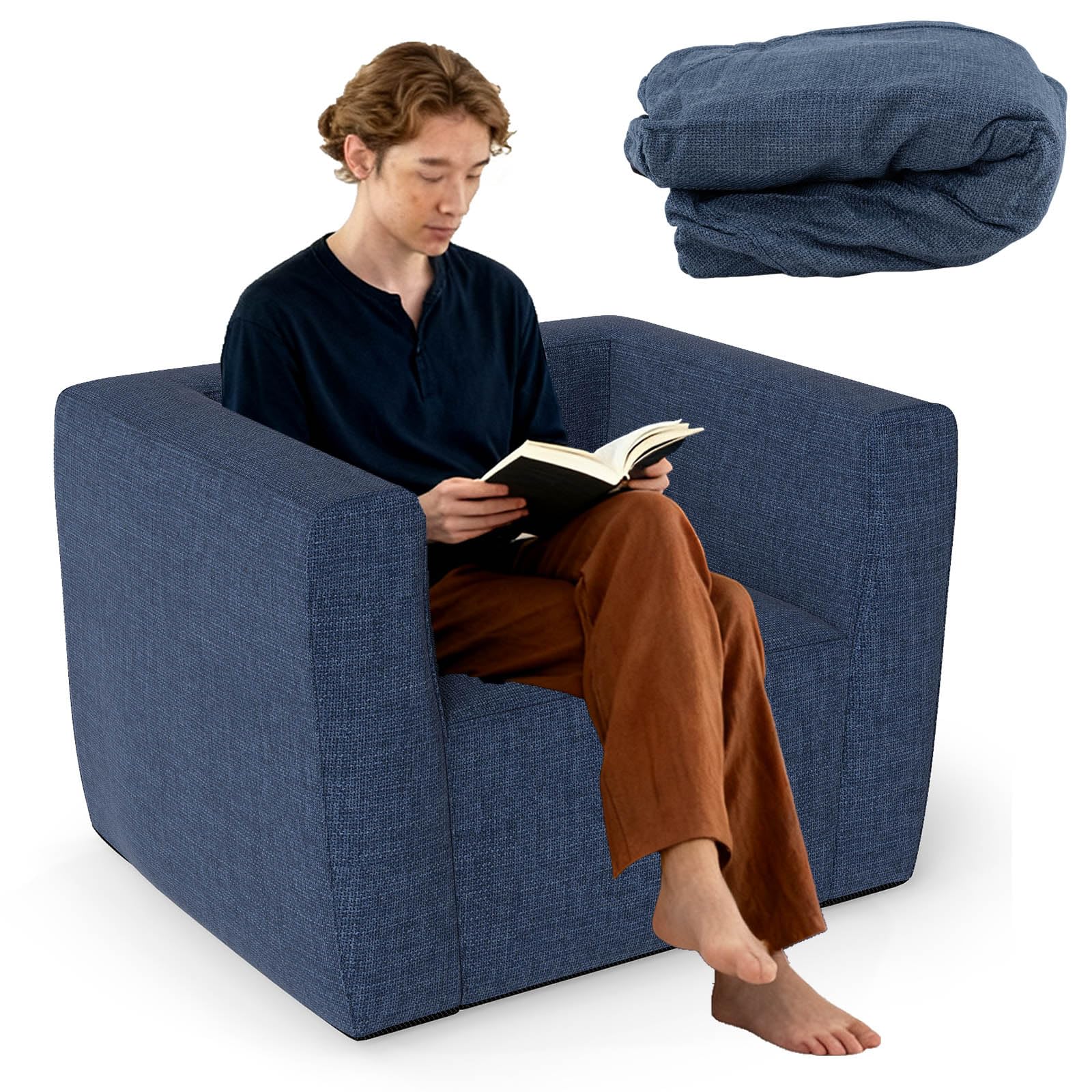 RELAX4LIFE Canapé Gonflable Portable 1 Place avec Large Assise Accoudoirs Spacieux, Housse Amovible, Fauteuil Gonflable Charge 150KG, Pompe Non Inclus, pour Salon Chambre Bureau (Bleu foncé)