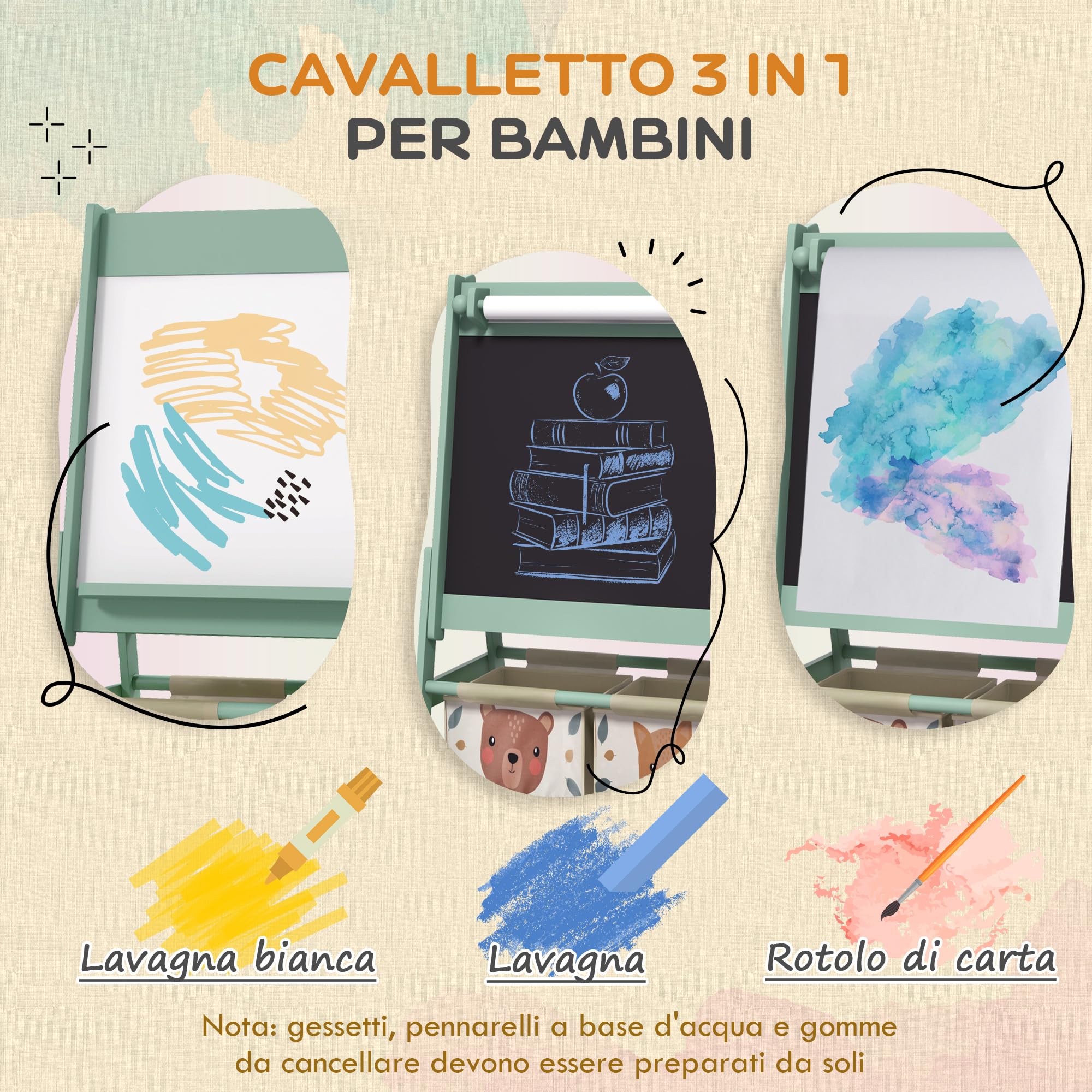 AIYAPLAY Lavagna per Bambini Cancellabile a Doppia Facciate con Rotolo di Carta e 2 Contenitori, Lavagna Bianco, Nero con Cavalletto Artistico in Legno per Pittura e Regalo, 3-8 Anni, Verde