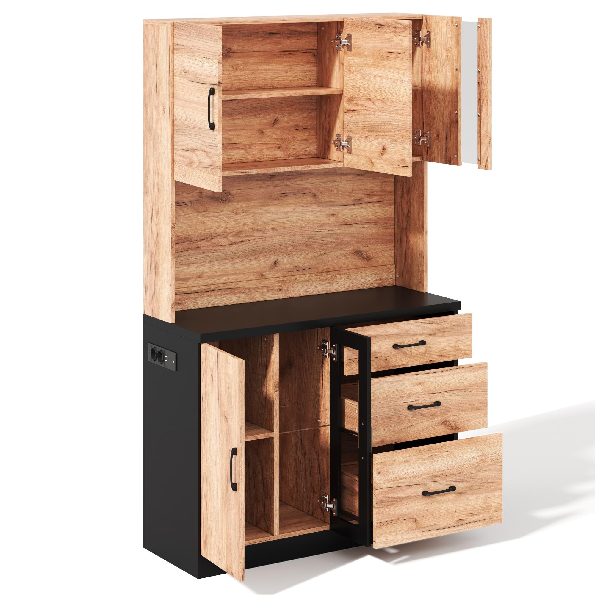 105 x 40 x 180 cm, moderno mobile da cucina, nero e effetto legno con illuminazione a LED, ripiani regolabili e presa in stile euro, adatto per cucine, sala da pranzo, soggiorno, ecc.