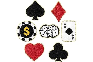 7 Pcs Playing Cards Chenille Patches: Red, Black Hearts, Spades, Diamonds, Clubs
