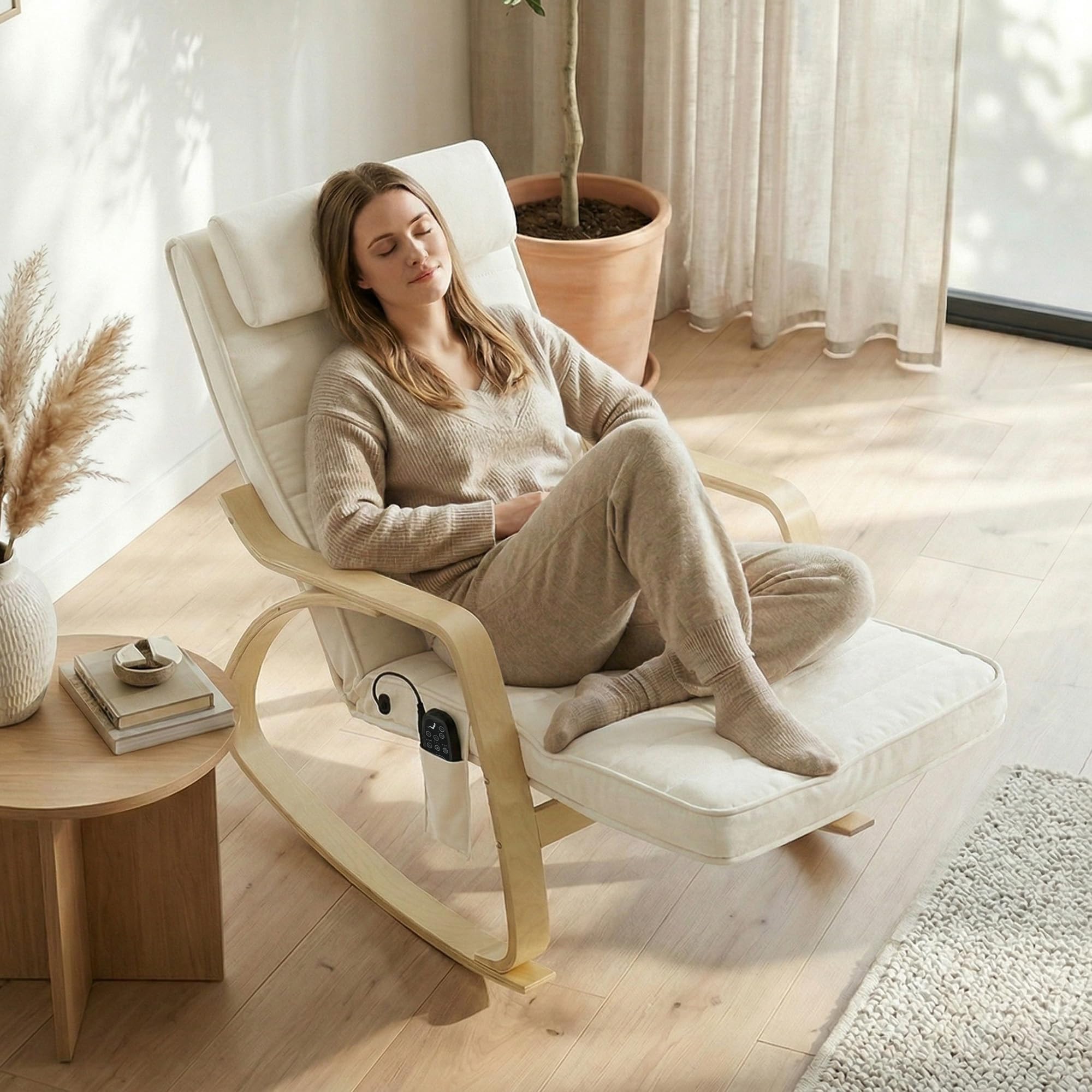HOMCOM Schaukelstuhl Schaukelsessel mit Massagefunktion Heizung Kopfstütze 5-Fach verstellbare Fußstütze, Relaxstuhl mit Samtoptik Seitentasche, Schwingsessel für Wohnzimmer, Schlafzimmer, Cremeweiß
