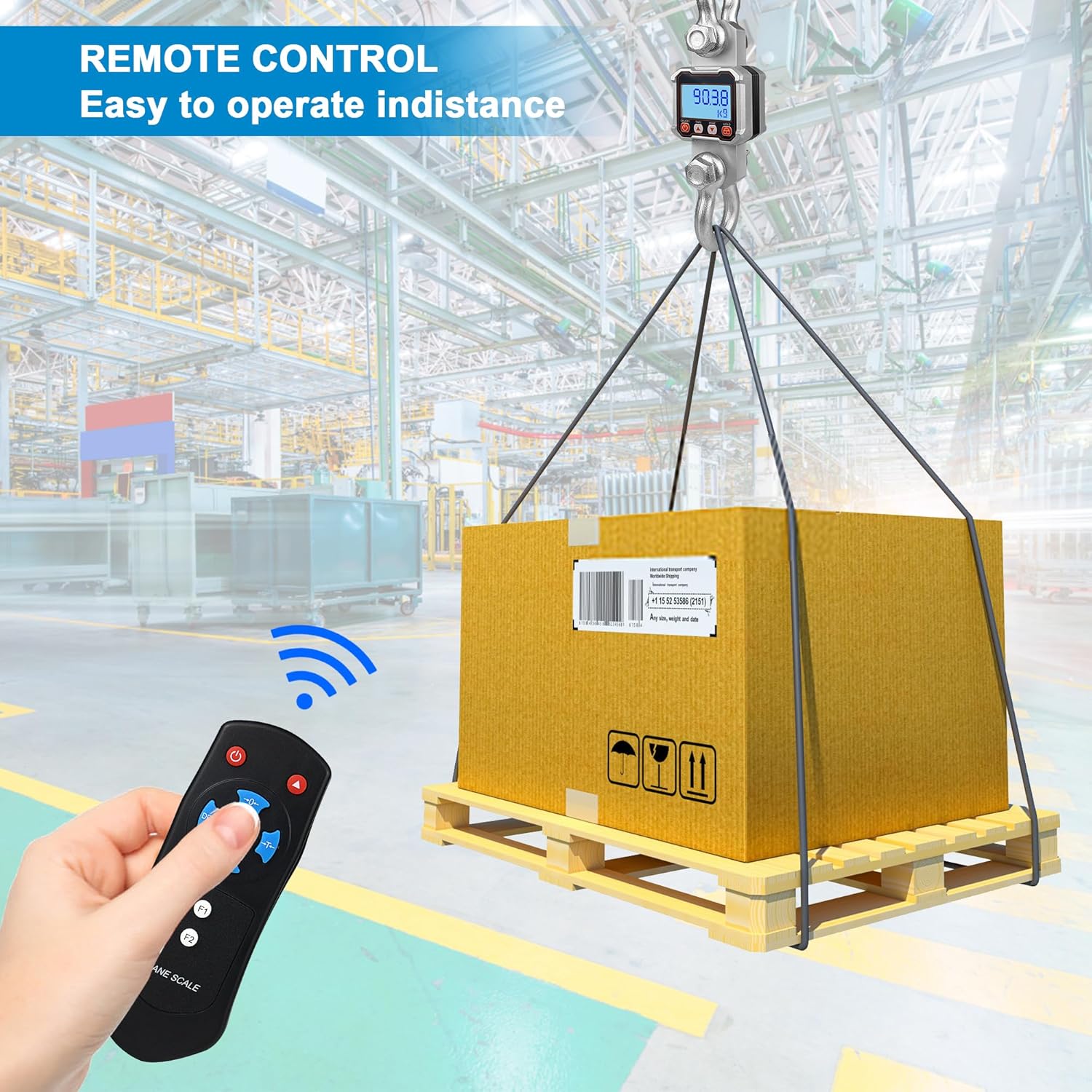 Remote control being used with the crane scale to weigh a large box