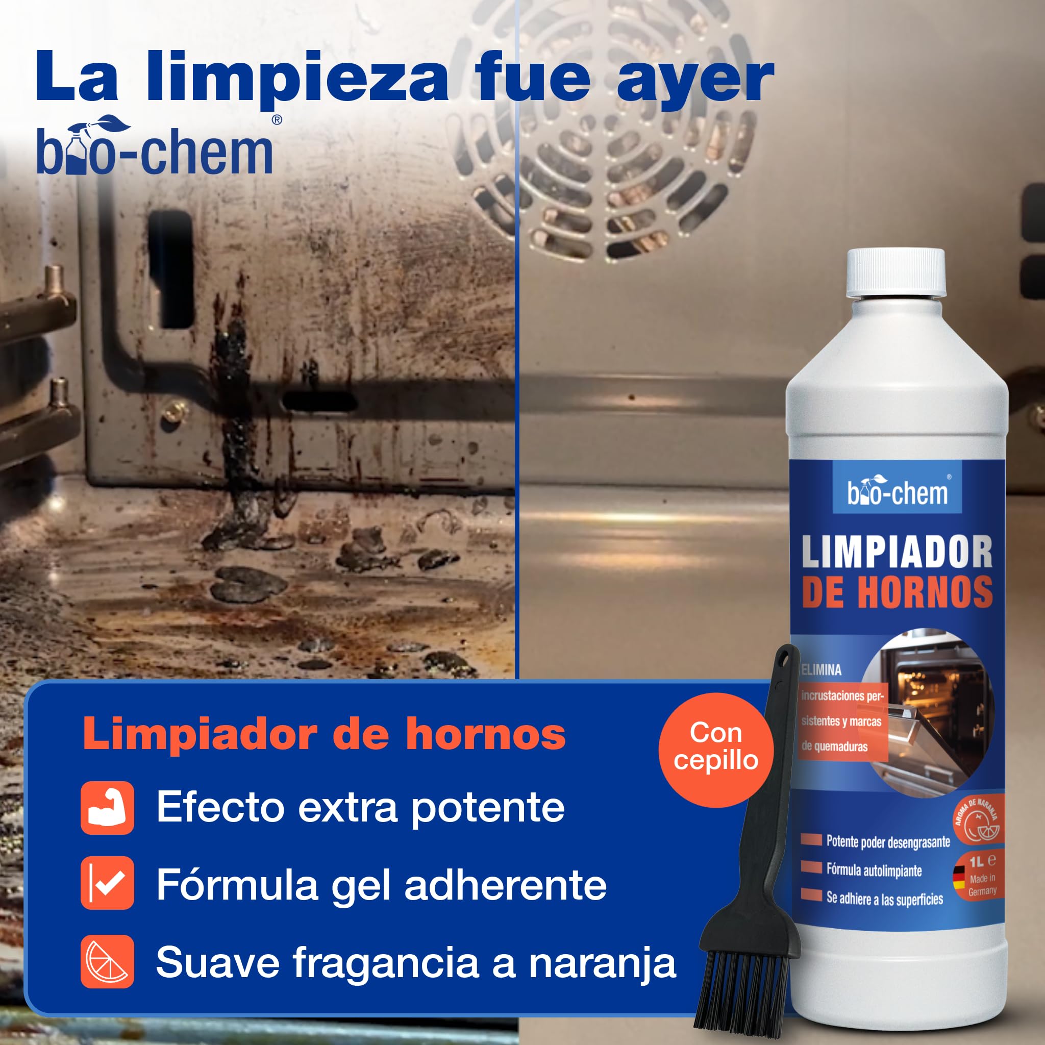 bio-chem Set de 10 productos y accesorios de cocina + caja | Limpiador para hornos, sartenes y ollas, cepillo incluido - Productos para superficies de la cocina - Accesorios incluidos