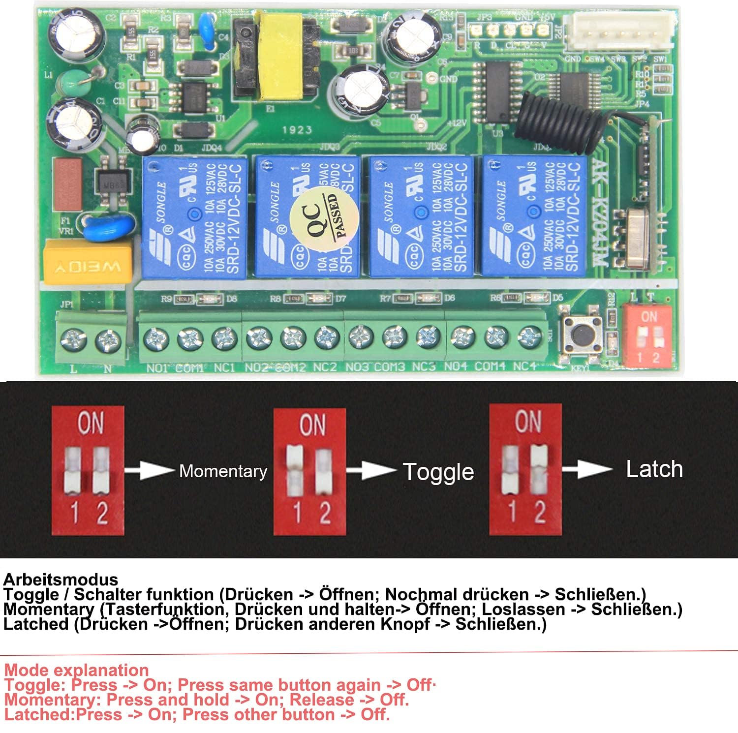 AC 220V 230V 240V 4 Canales Inalámbrico RF Mando a Distancia Interruptor de Luz 10A Salida de Relé Módulo Receptor Radio Control Puerta de Garaje + Mando a Distancia Industrial Impermeable