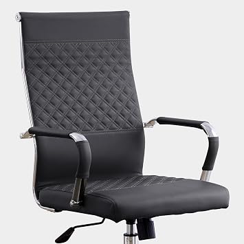 Modern Executive Office Chair with Patterned Back Design, Chrome & Leather Swivel Chair with High Back, Adjustable Height, Removable Armrests, and Wheels for Home Office BlackChrome