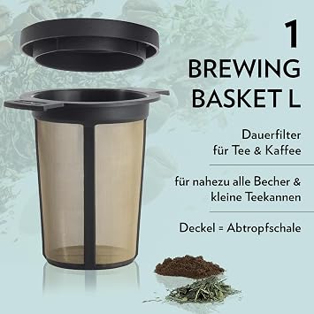 Finum Reusable Stainless Steel Coffee and Tea Infusing Mesh Brewing Basket, Large, Black