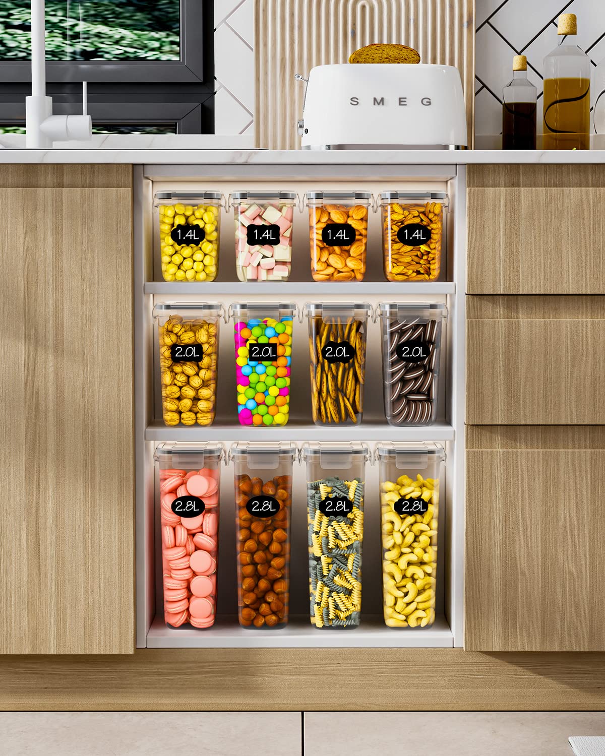 Set di Contenitori Alimentari per Cereali 16 Pezzi, Plastica con Coperchio 2.8L/2L/1.4L/0.8L per la Conservazione di Pasta, Muesli, Farina