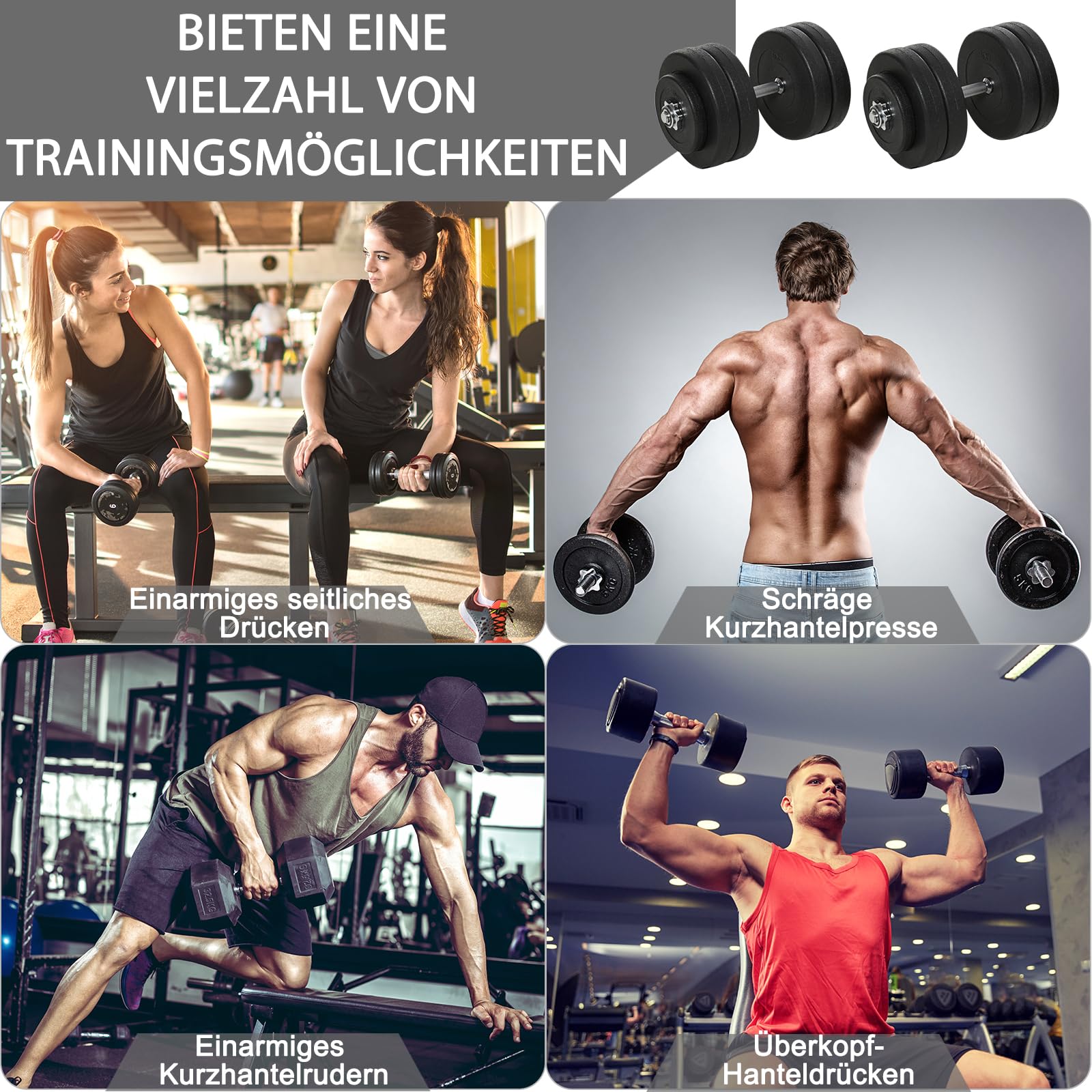 HOMCOM Zestaw 2 krótkich hantli 50 kg, zestaw hantli krótkich z 2 hantlami krótkimi, 12 obciążnikami i 4 zapięciami gwiazdowymi, do treningu siłowego, fitnessu, stali, kolor czarny