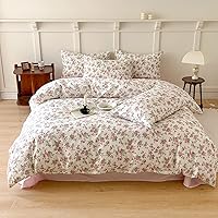 Vista 2 de VM VOUGEMARKET - Juego de funda de edredón floral rosa, Queen, 3 piezas, ropa de cama de algodón para niñas estilo campestre romántico, con cierre