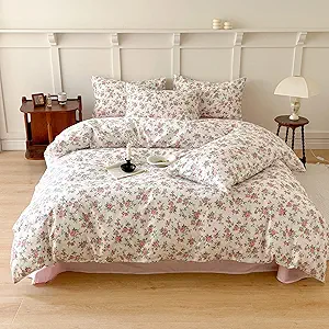 VM VOUGEMARKET Peach Blossom Bedding Set King Chic Pink Floral Duvet Cover with Zipper Closure 100% Cotton Girls Aesthetic Botanical Comforter Cover Set(3 pcs,104x90)
