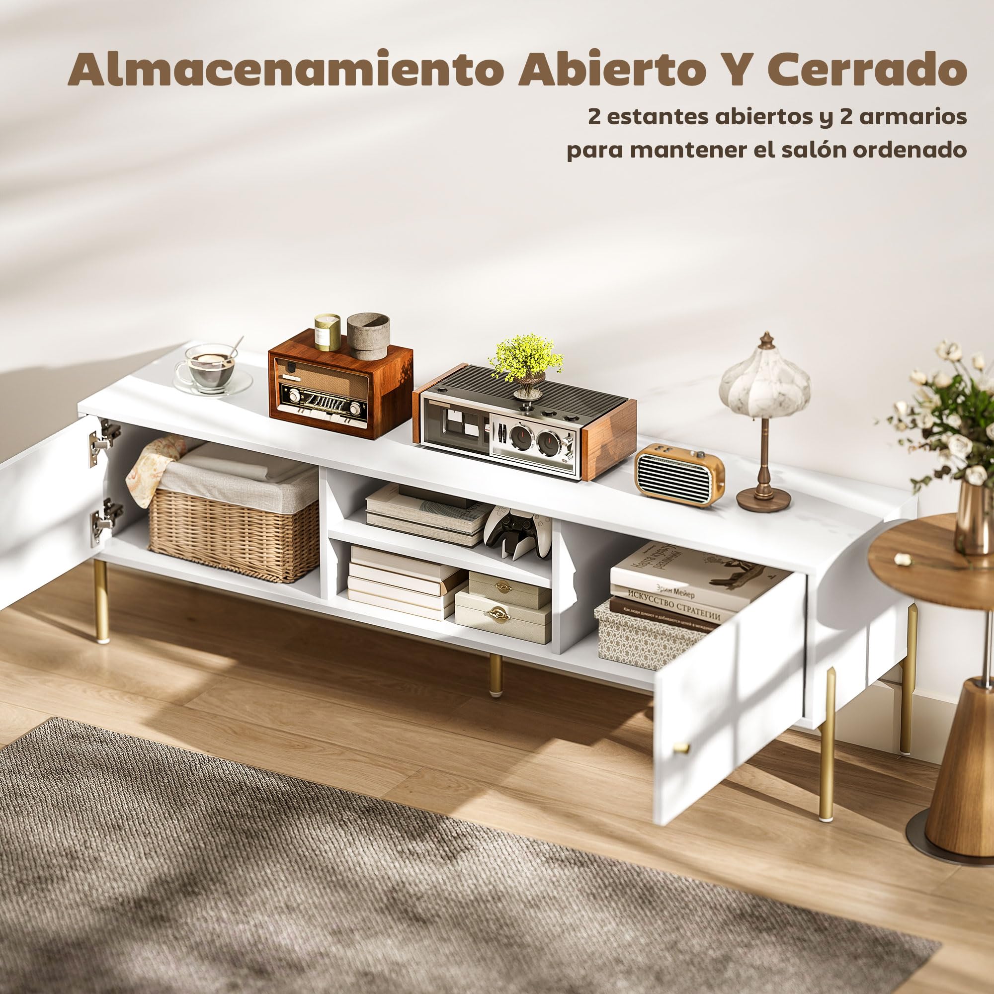 HOMCOM Mueble de TV Moderno de 2 Puertas, Mesa TV para Salón con 2 Estantes Abiertos Ajustables, Orificios Pasacables, Patas de Acero, para Televisión 65 Pulgadas, 140x38x45,9 cm, Blanco