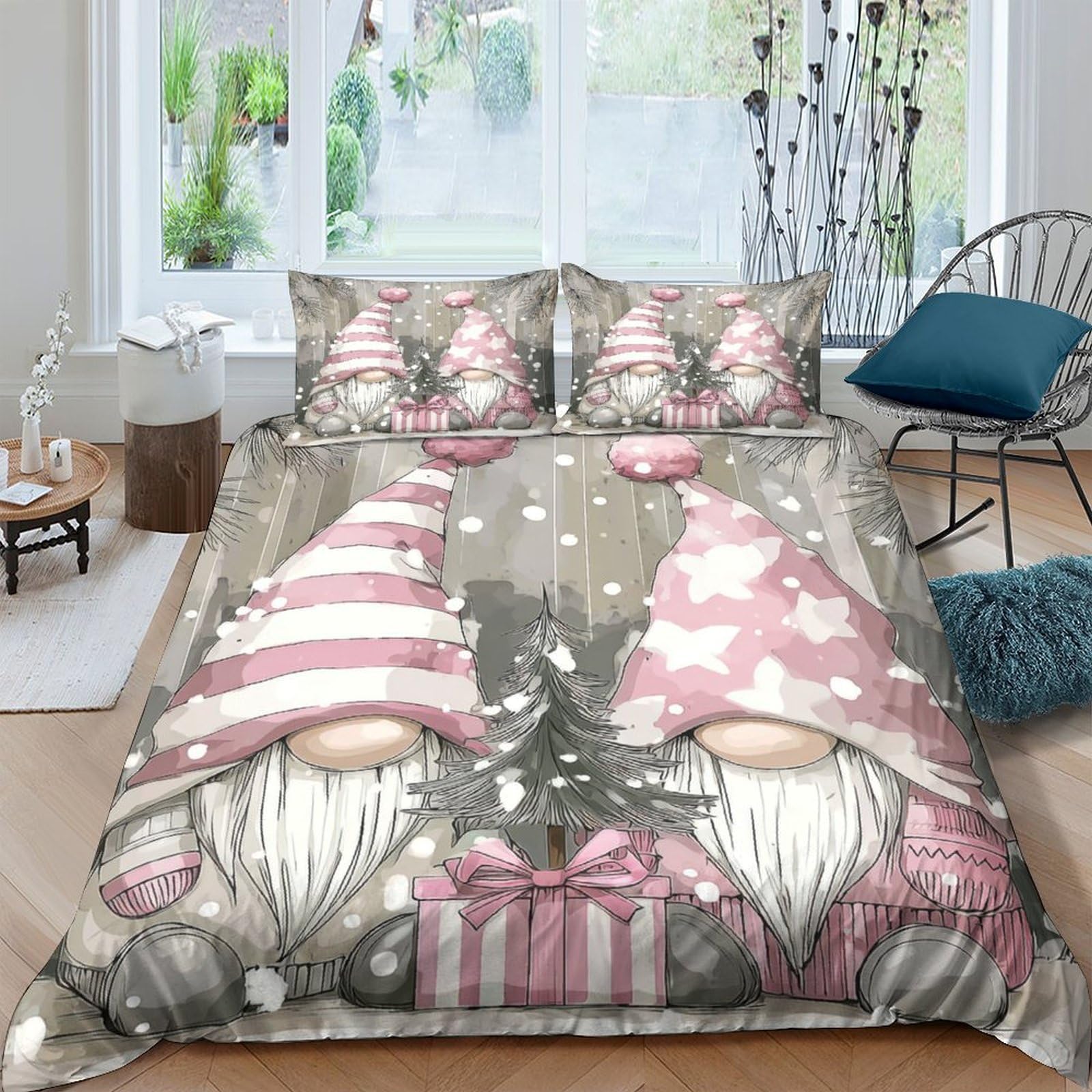 Ctjqhvkz Style-3 3D Printed Pink Gnome Fitted Sheet Microfiber Christmas Nordic Bed Cover Non Slip Easy Care For Bedroom Decor Single（135X200cm）