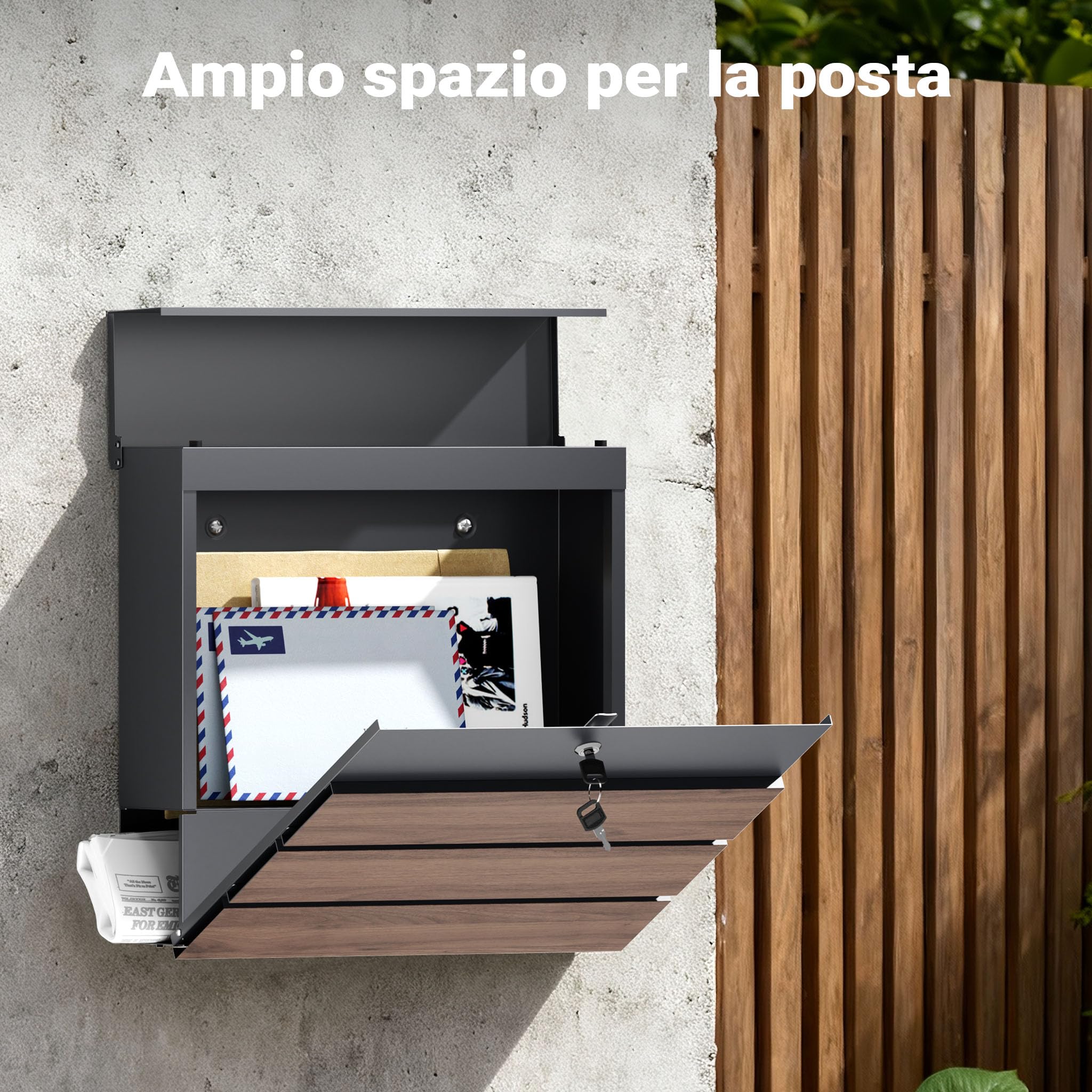 Cassetta postale con porta giornale, antracite e legno V63 montaggio a parete