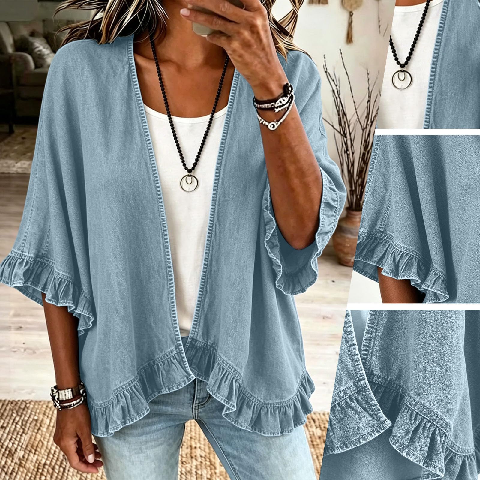 Chemise Femme Denim Légère Ouverte Manches à Volants Ample Mi-Saison Chic