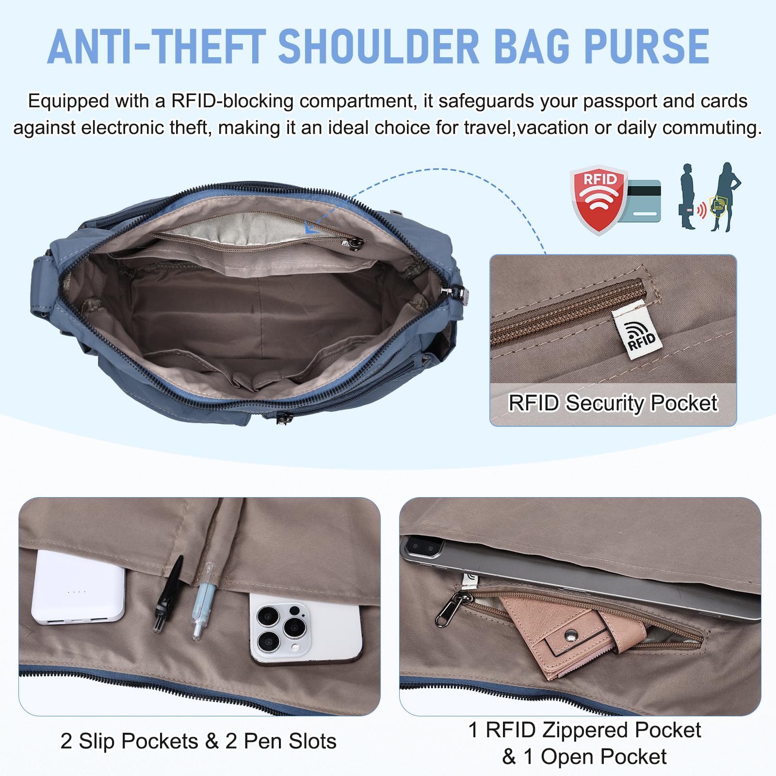 VASCHY Bolso Bandolera Mujer Ligero Impermeable, Bolso Universidad Mujer Casual Bolso Cruzado Múltiples Bolsillos con RFID Antirrobo para Oficina Colegio Viaje