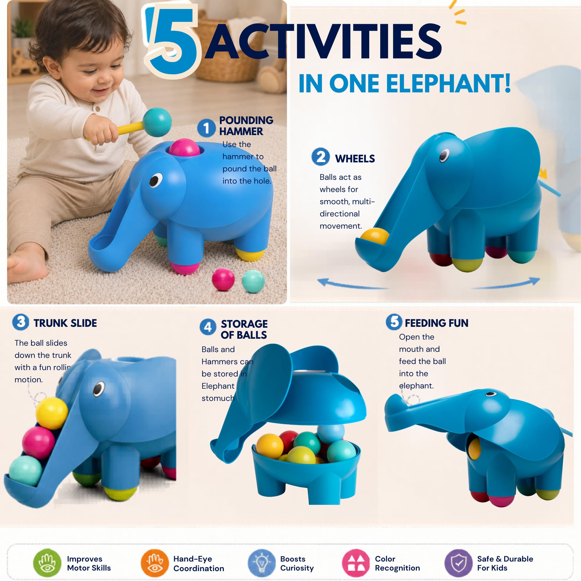 Avion Gentle Giant Ball Hammer Pounding Toy for Kids Ages 2β6 | Elephant Activity Game | Hand-Eye Coordination and Fine Motor Learning for Boys & Girls 1