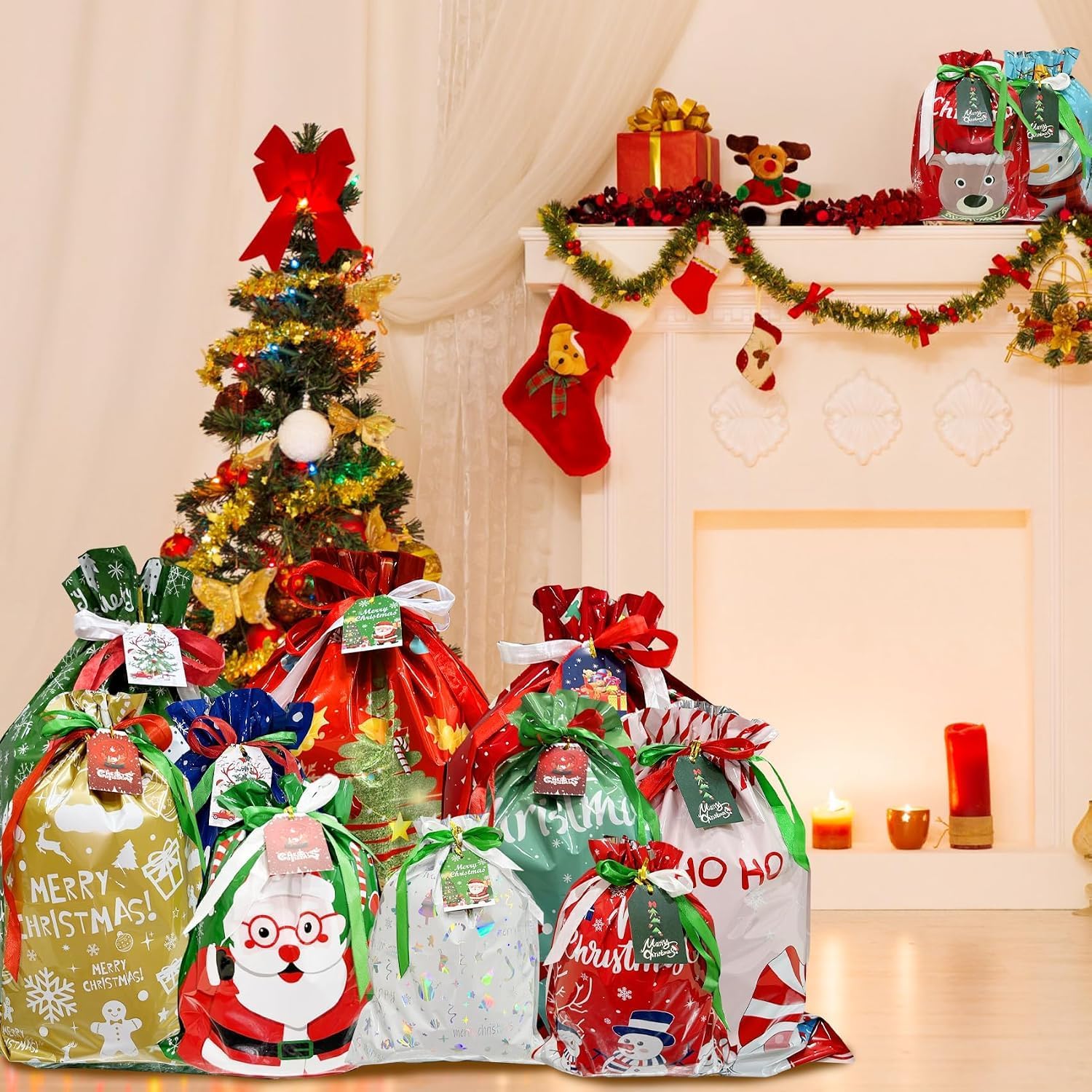 VIRILL 45pcs Christmas Gift Bags，Xmas Drawstring Gift Wrapping Bags, 5 Assorted Sizes （XL, L,M, S,XS Bulk Xmas Gift Bags with Tags for Christmas Party Favors Present Wrapping image 4