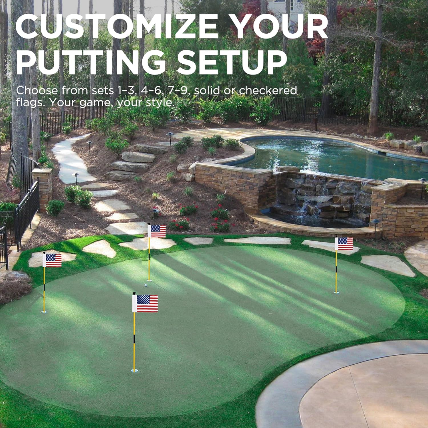 KINGTOP Golf Flagstick Mini, Practice Putting Green Flags for Yard, All 3 Feet, Golf Pin Flag Hole Cup Combo Kit, Fiberglass Portable 2-Section Design, Double-Side American Flag