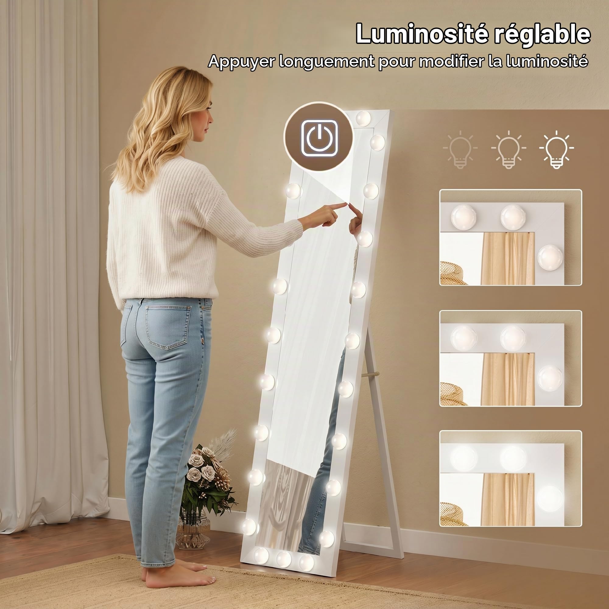 HOMCOM Miroir sur pied LED sur toute la longueur, 150 x 40 cm, avec 24 ampoules, 3 couleurs de lumière, à intensité variable, avec interrupteur tactile, fonction mémoire, miroir inclinable, pour