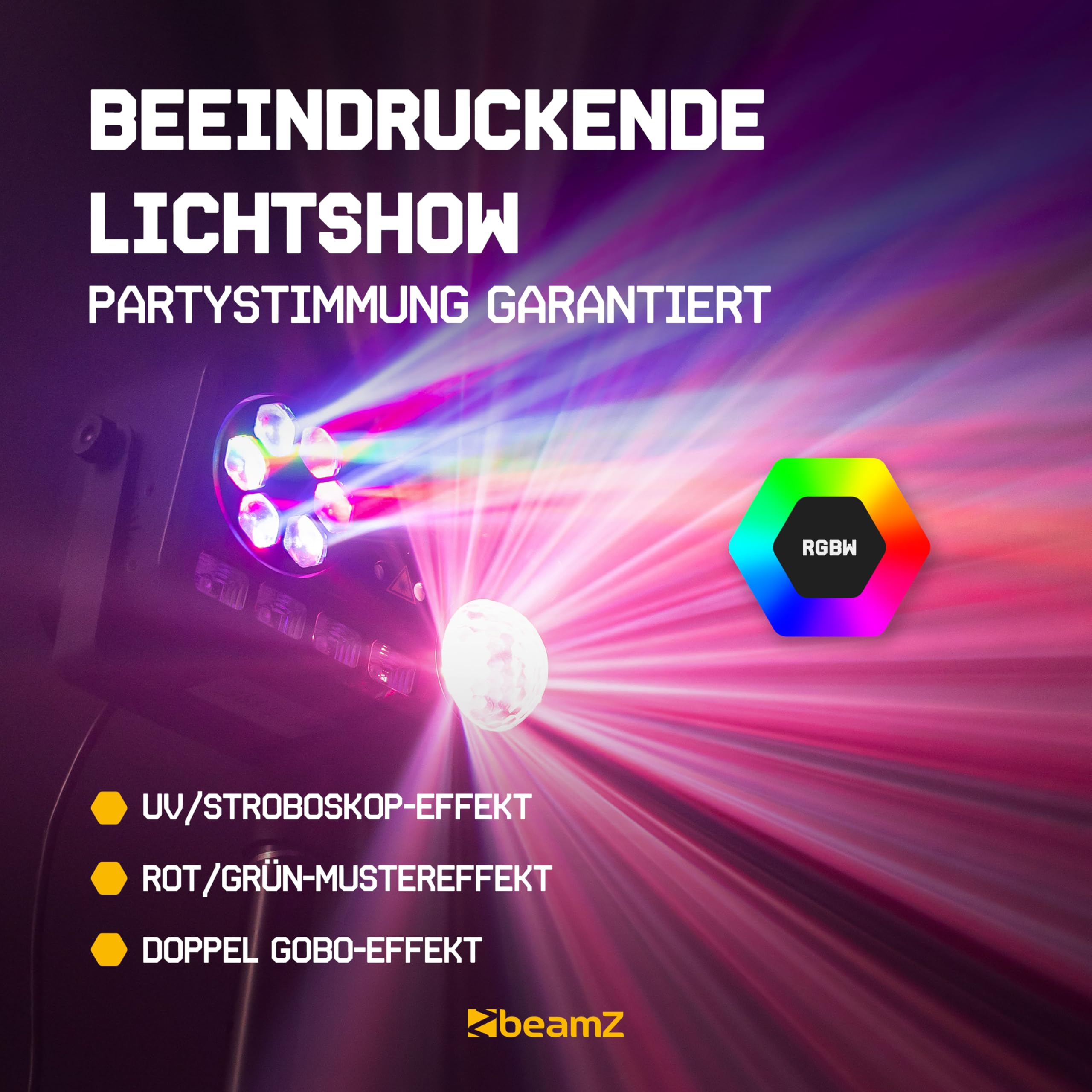 BeamZ Shimmer2 Discolicht Partylicht – 6-in-1 LED Effekt mit Jelly Ball, Bee-Eye, Welleneffekt, Stroboskop & UV – Musikgesteuert mit DMX & Fernbedienung, Bühnenbeleuchtung für Disco & Partys