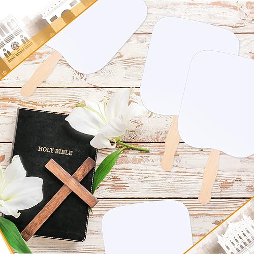 Miniatura 7 de Geelin 150 juegos de abanicos de iglesia de mano en blanco, ventiladores de mano para salón, abanicos de papel, mango de ventilador de mano, palos