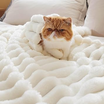 Bedsure White Throw Fluffy Blanket for Bed - 350GSM Super GentleSoft Fuzzy Cozy Fleece Blankets for Women, Cute Small Plush Throws for Girls, 50x60 Inches, Wider Striped Design
