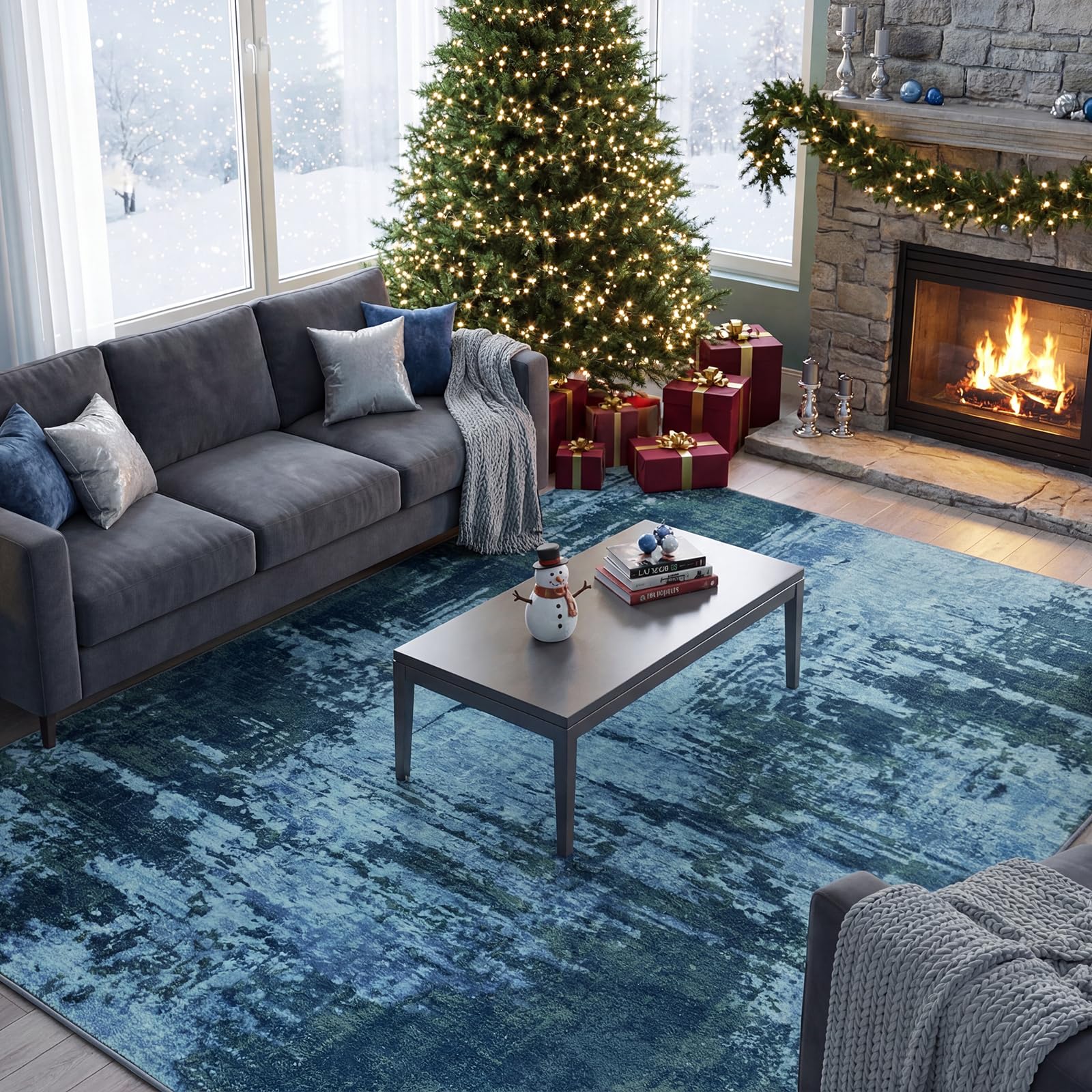 Merelax 6x9 Blue Area Rug for Living Room, Large Washable Boho Abstract Bedroom Rugs, Modern Non Silp Dining Room Playroom Area Rugs, Soft Low Pile