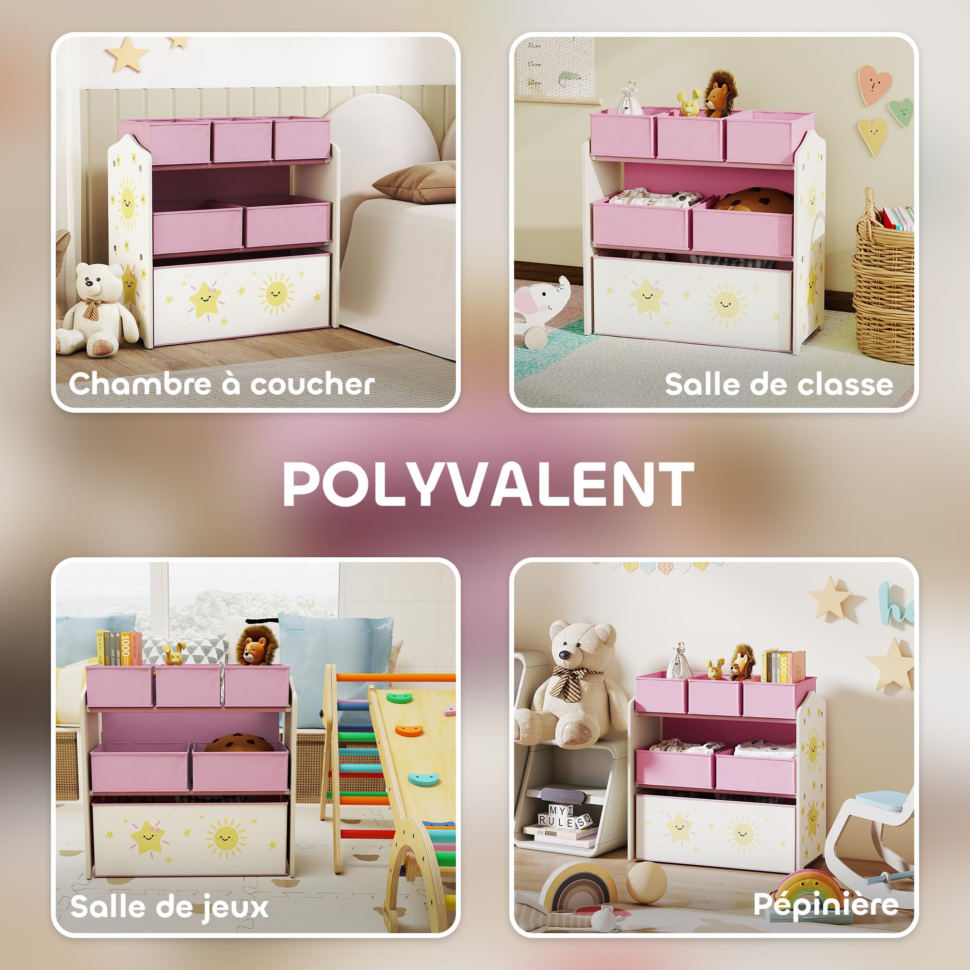 AIYAPLAY Meuble Rangement Enfant à 3 Niveaux, étagère de Rangement pour Jouets Enfants avec 6 boîtes en Tissu Amovibles, pour Chambre d'enfant, Salle de Jeux, garderie, Rose