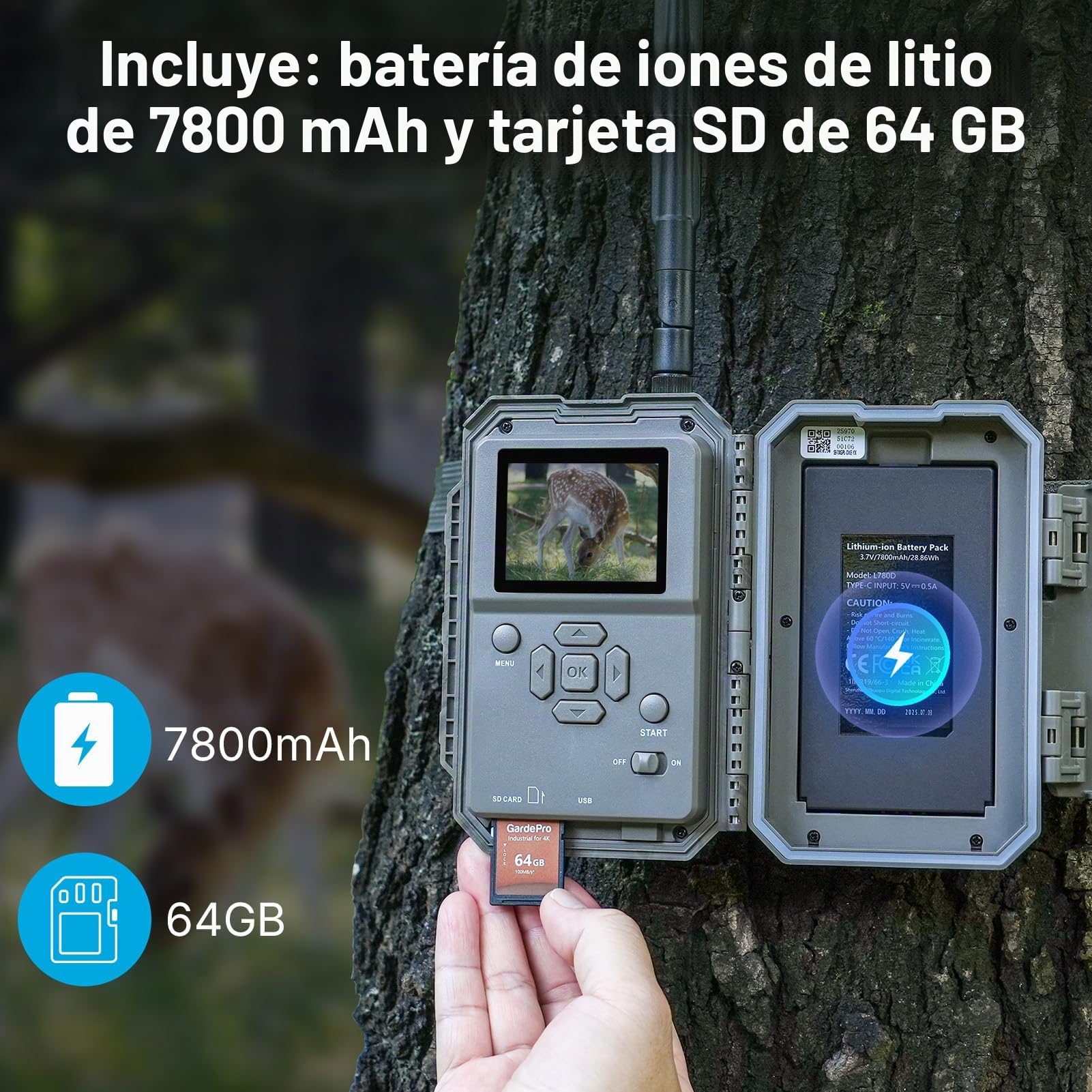 Meidase S970 Pro 4G LTE Cámara de Caza, 48MP 1296P, con Transmisión en Vivo, Visión Nocturna, Activación por Movimiento 0.1s, Transferencia de App, con Batería de 7800mAh y Tarjeta SD 64GB, GPS