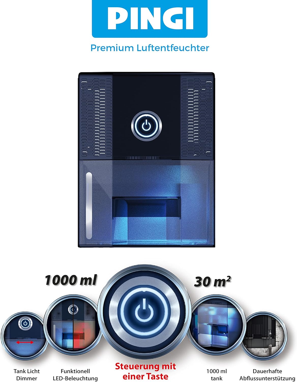 Pingi Vida 1S Dehumidifier shown in various placements: free-standing, wall-mounted, and with a drain hose connected to a sink.