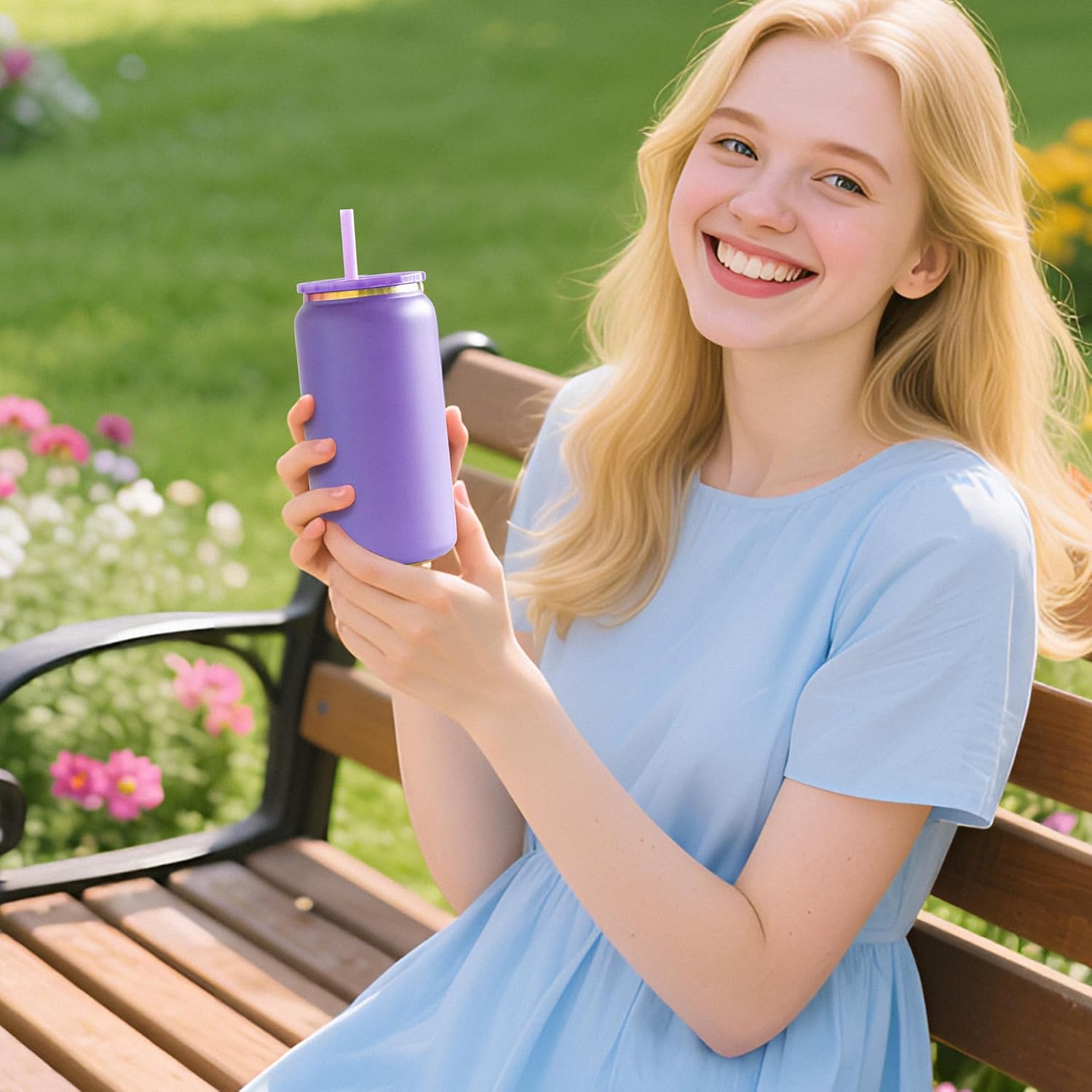 6 Pack Glass Cups with Lids and Straws Unbreakable 16 oz Stainless Steel Can Cup Double Wall Insulated Beer Can Tumbler for Iced Coffee, Juice, Soda, Matte-Colored