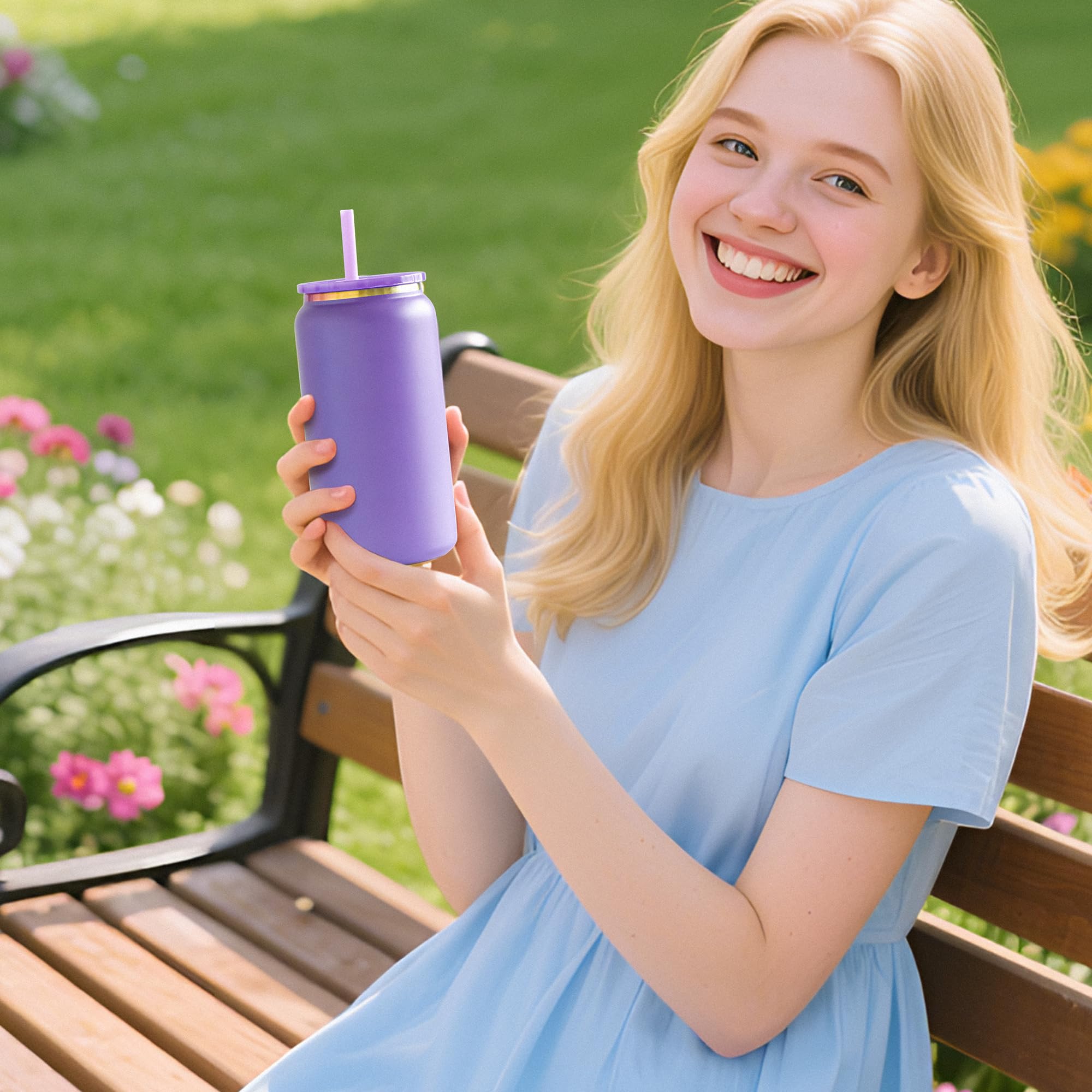 6er-Pack Glasbecher mit Deckel und Strohhalm, unzerbrechlicher 16-oz-Dosenbecher aus Edelstahl, doppelwandig, isoliert, Bierdosenbecher für Eiskaffee, Saft, Limonade, matt gefärbt