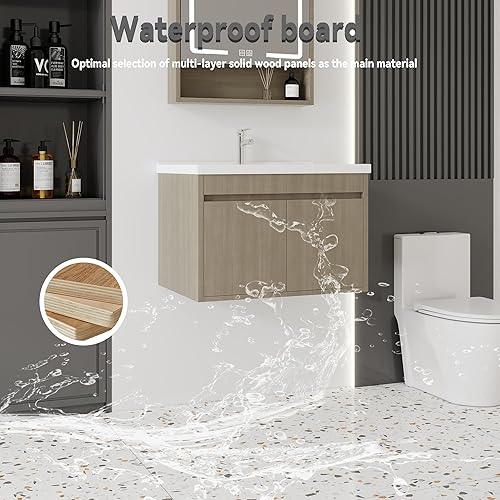 Miniatura 272 de Tocador de baño de 20 pulgadas con lavabo de cerámica, tocador de baño pequeño montado en la pared con puerta de cierre suave, gabinete flotante