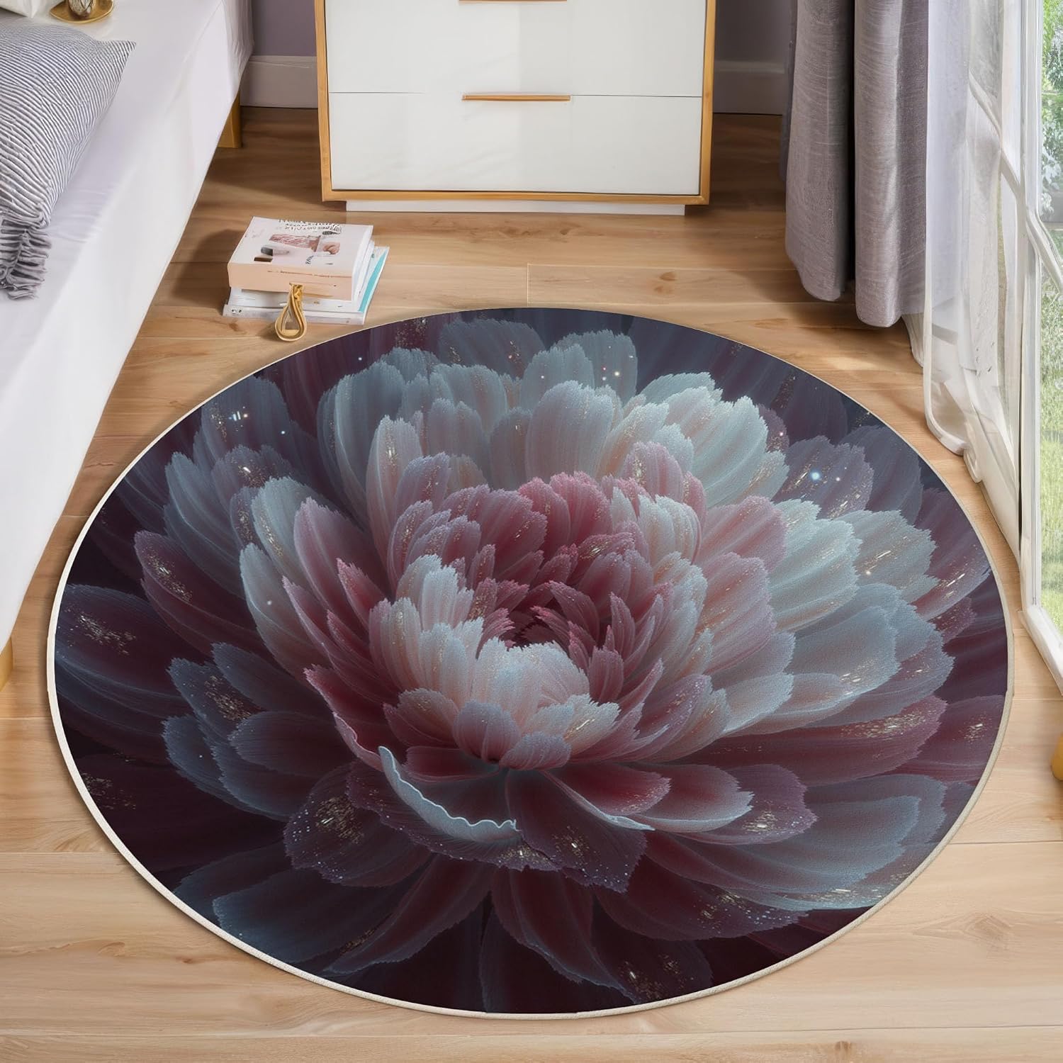 Runder Teppich Bl hende Geschichtete Bl ten Bedruckter Teppich Kurzflor Waschbarer Indoor-Bodenteppich Vertr umt Blumen Anti-Rutsch-Matte f r Wohnzimmer Schlafzimmer 150 cm Rosa
