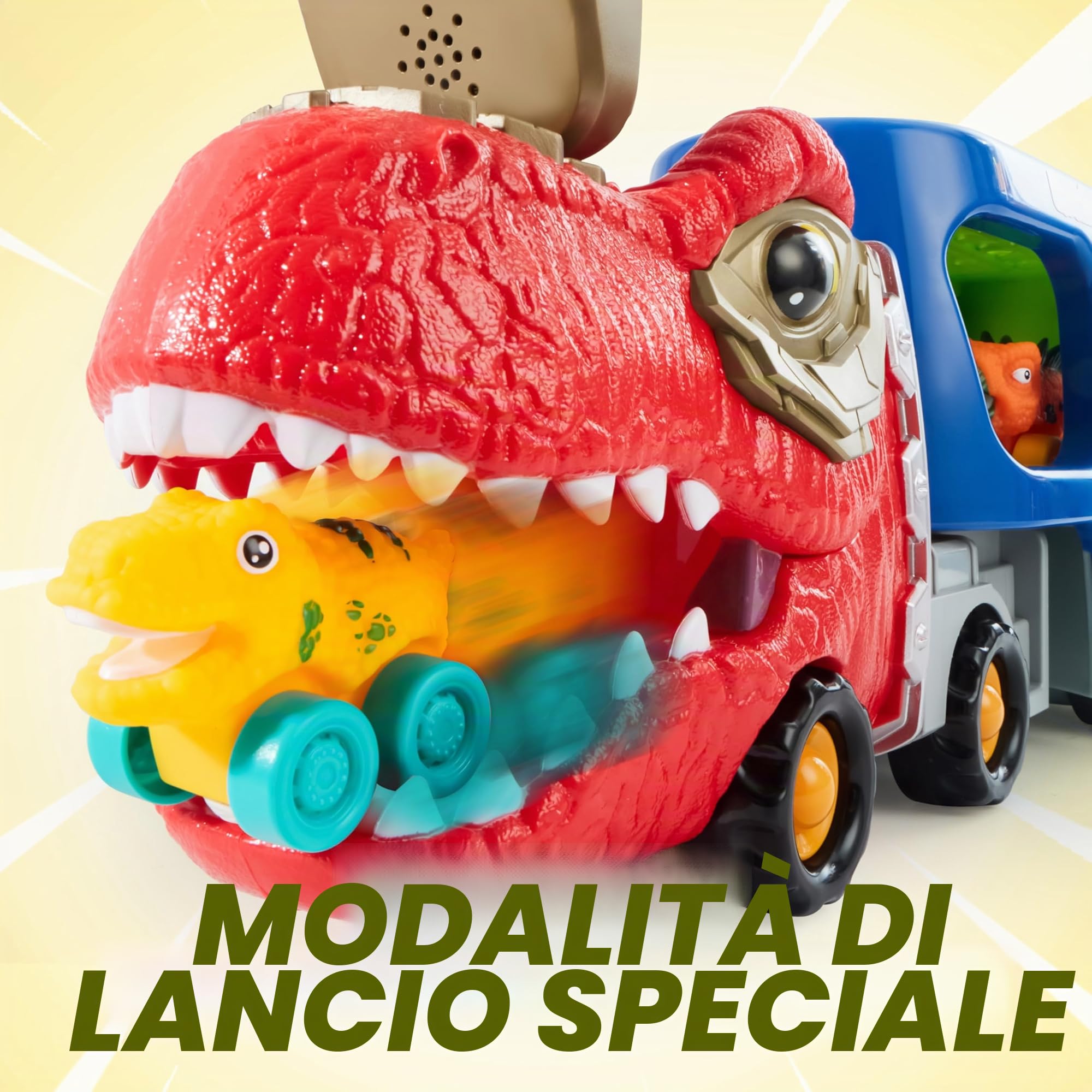 JOYIN Mini Camion Trasportatore di Dinosauri con 6 veicoli Giocattolo in Gomma Morbida, con Musica e Suono Forte, Luci Lampeggianti, Regali per Ragazzi e Ragazze dai 2 anni in su(Blu)