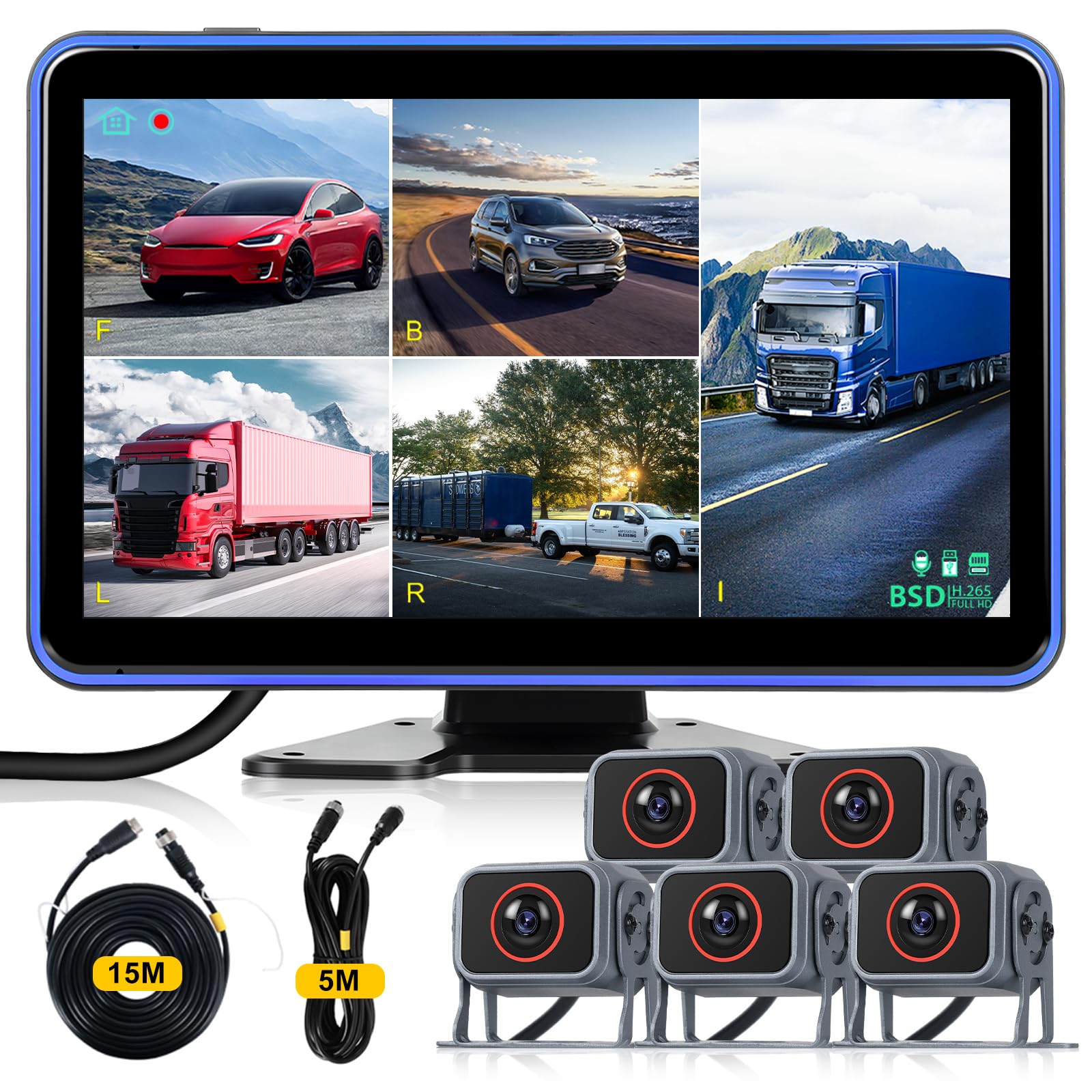 Hodozzy Rückfahrkamera 5 Kameras Set 10,1 Zoll IPS HD Monitor 5 Geteilte Rück und Vorder Kamera Weitwinkel, Wasserdicht Nachtsicht, Auto Kabel Rückfahrsystem 12V-36V für LKW/Wohnmobile/Anhänger