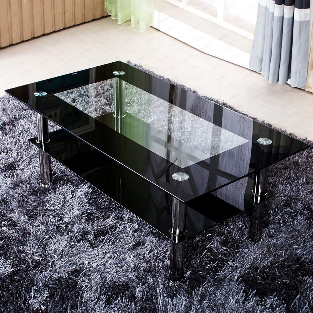 Tedamegaeu Modern Tempered Glass Coffee Table Clear Black With Chrome Leg Shelf Living Room Furniture 110W*60D*42H(cm) Tempered glass:8+5mm.