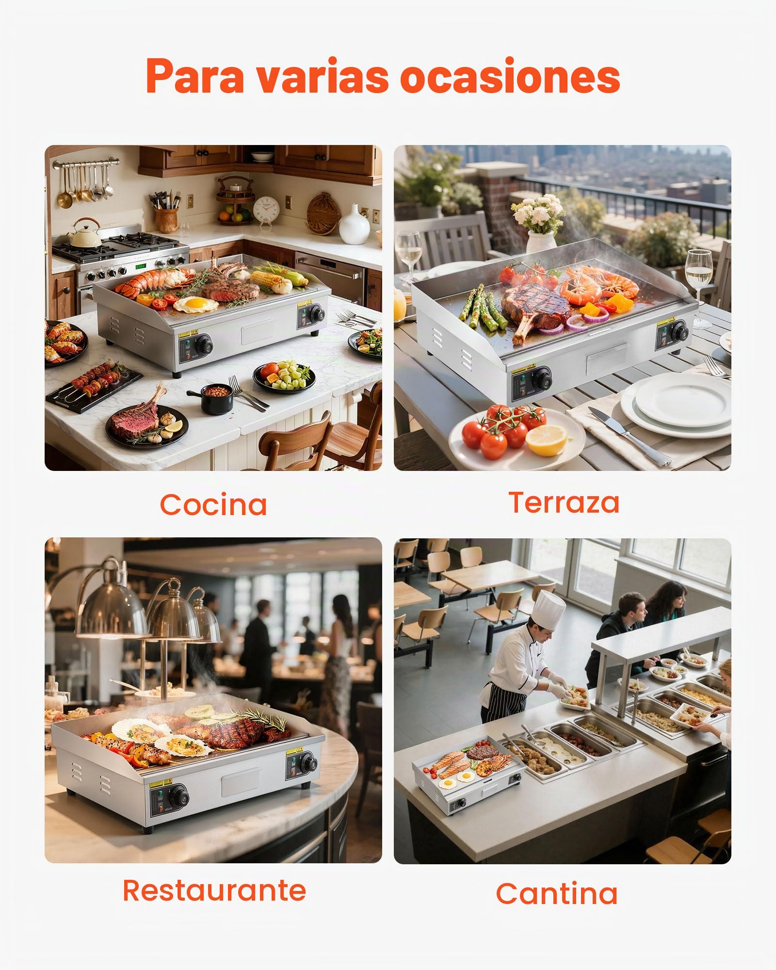 VEVOR Plancha Eléctrica Profesional 725x400 mm 4400 W, Termostato Ajustable de 50 a 300 °C, Placa con Protección contra Salpicaduras, Cuerpo de Acero Inoxidable, para Uso en Interiores y Exteriores